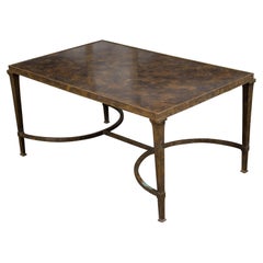 Midcentury Bronze Coffee Table with Marbleized Top and Half-Moon Stretcher
