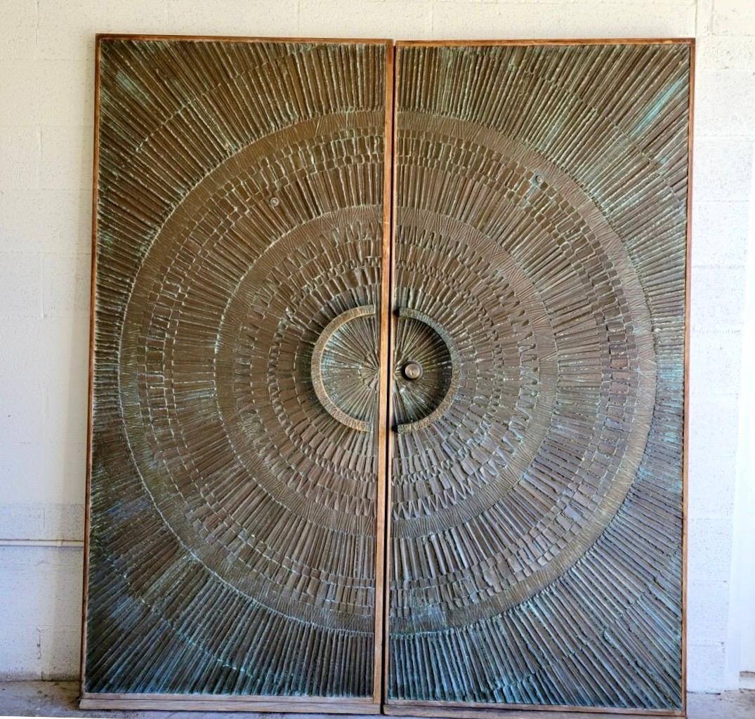 Brutalist Midcentury Bronze “Heroic Sunburst” Pair of Doors