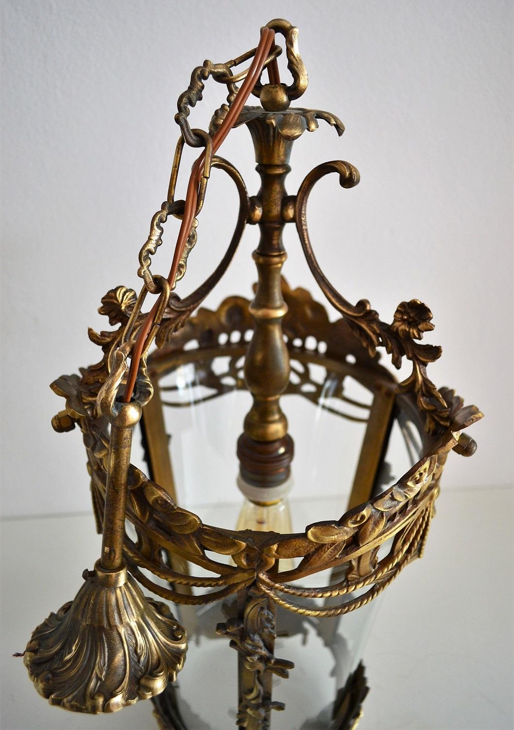 Mid-20th Century Italian Mid-Century Bronze Lantern with Flowers and Garlands, 1950s For Sale