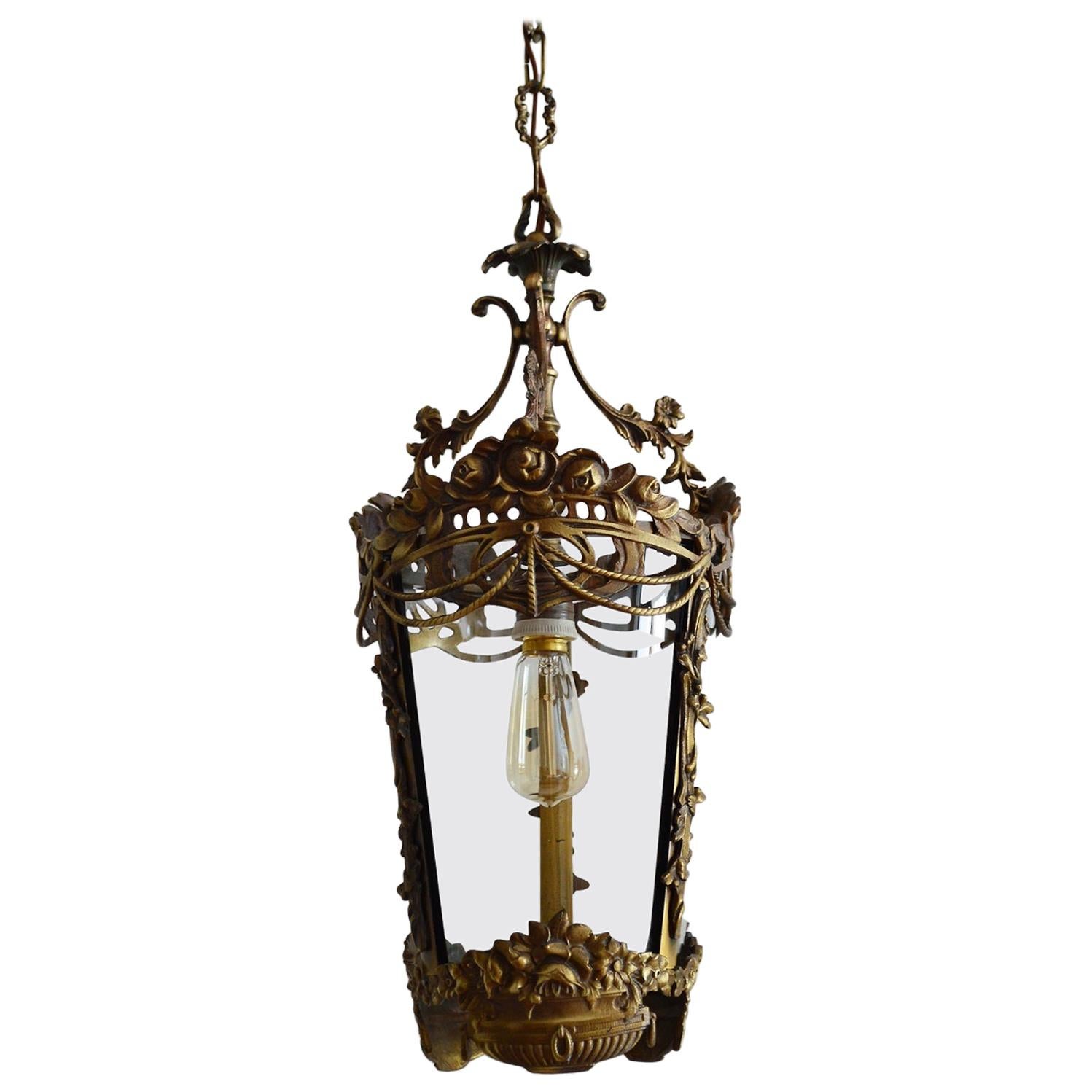 Italian Mid-Century Bronze Lantern with Flowers and Garlands, 1950s