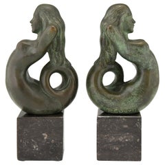 Midcentury Bronze Mermaid Bookends Rene Cliquet, 1970