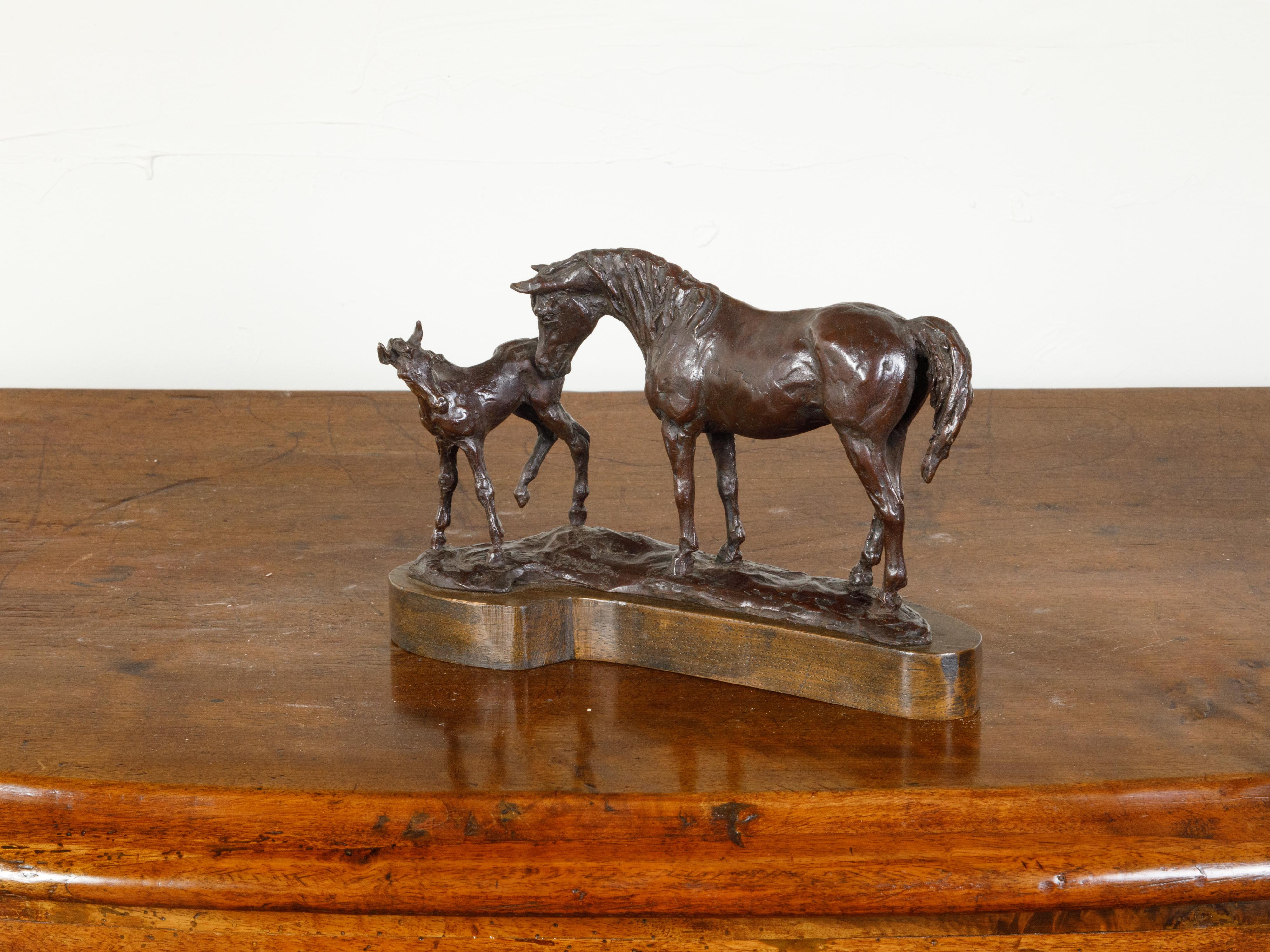 Mid-Century Bronze Sculpted Group Depicting a Mare with Her Foal on Base For Sale 4