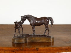 Mid-Century Bronze Sculpted Group Depicting a Mare with Her Foal on Base
