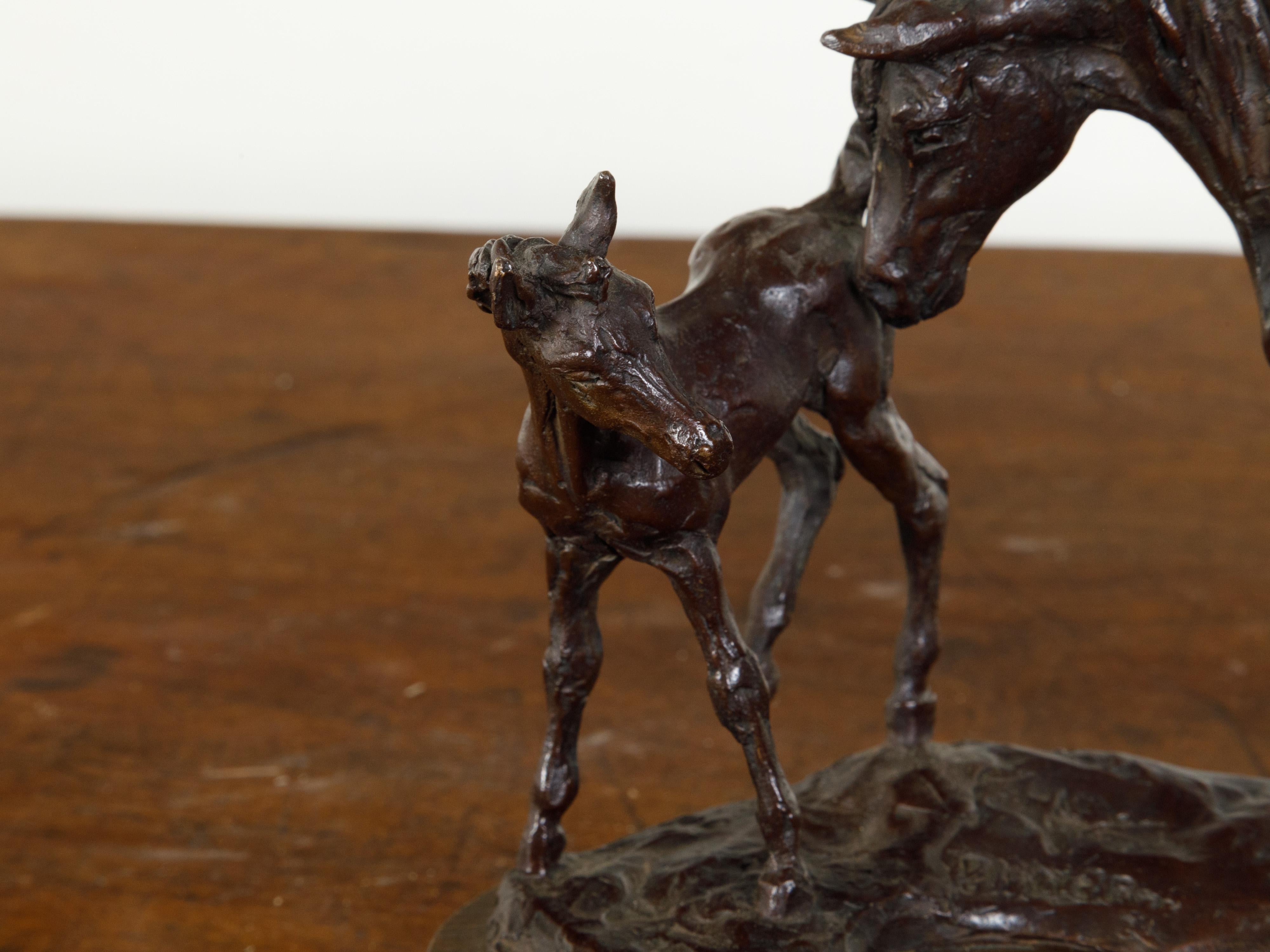 Mid-Century Modern Mid-Century Bronze Sculpted Group Depicting a Mare with Her Foal on Base For Sale