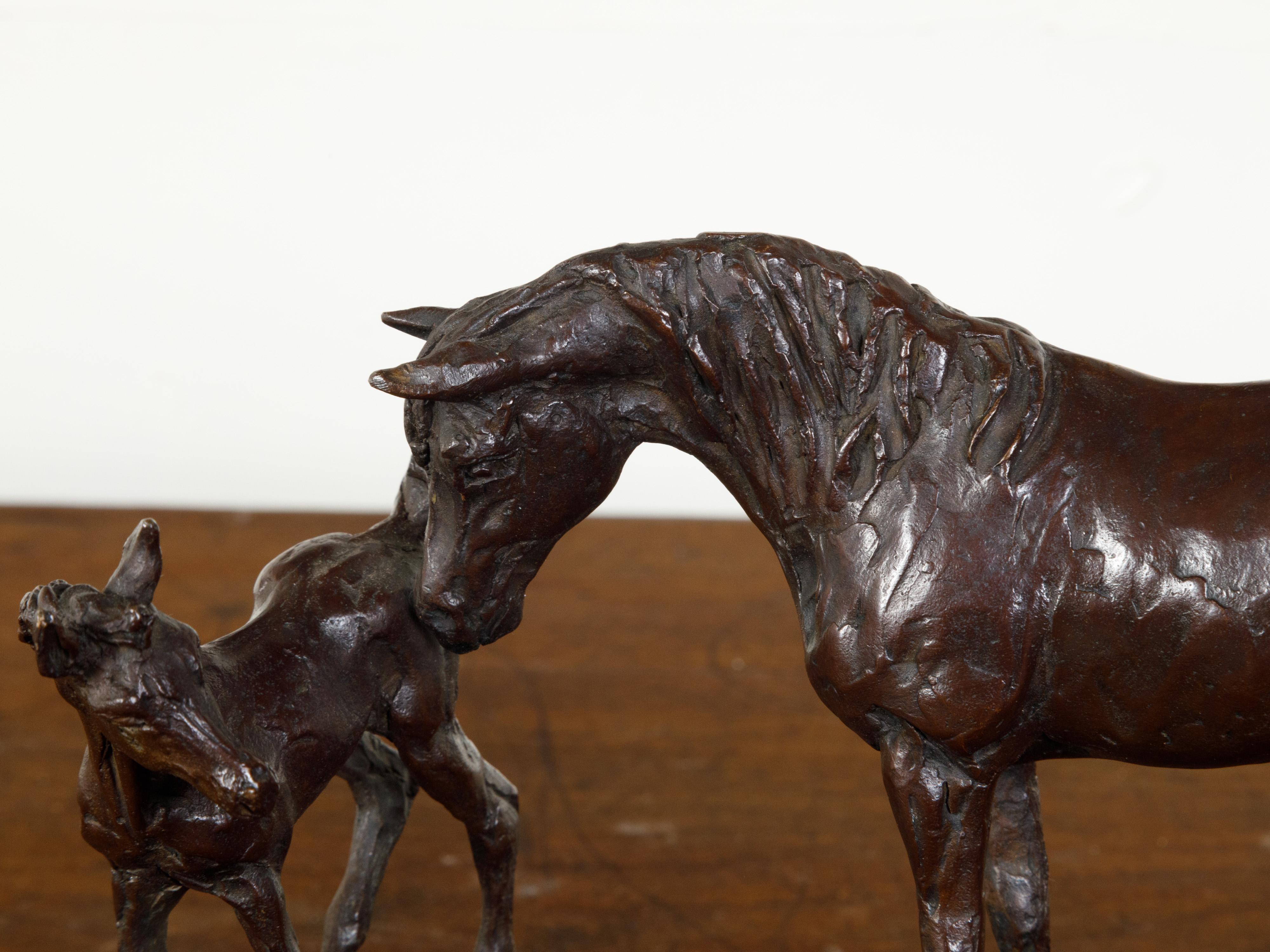 Cast Mid-Century Bronze Sculpted Group Depicting a Mare with Her Foal on Base For Sale