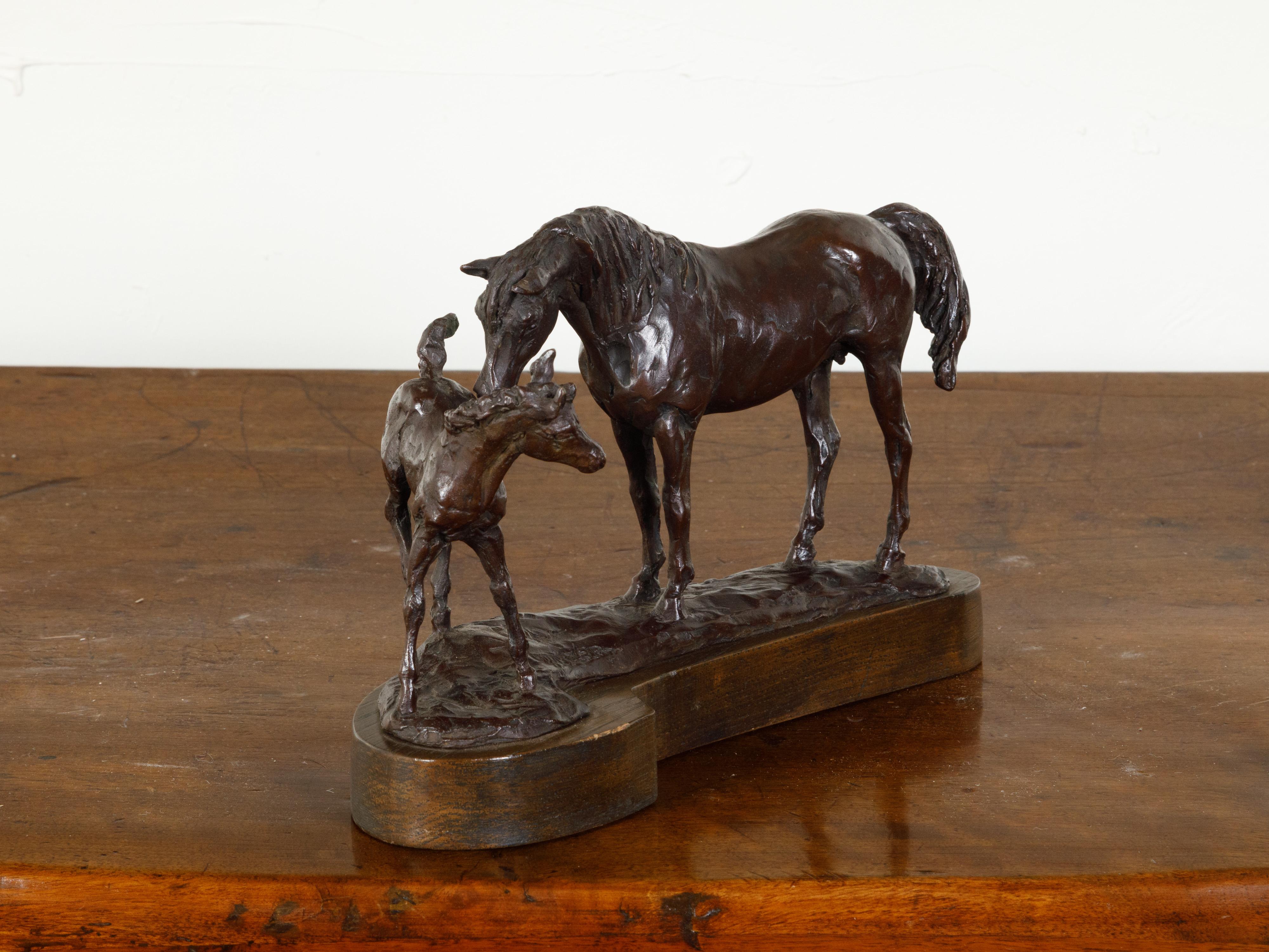 20th Century Mid-Century Bronze Sculpted Group Depicting a Mare with Her Foal on Base For Sale