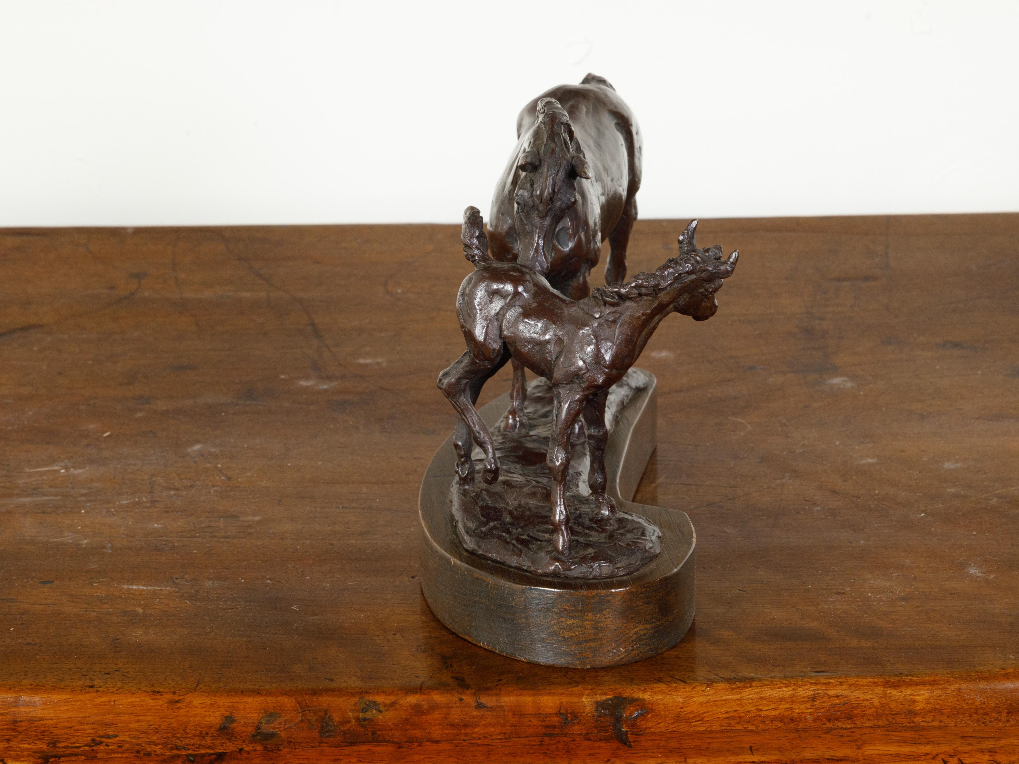 Mid-Century Bronze Sculpted Group Depicting a Mare with Her Foal on Base For Sale 1