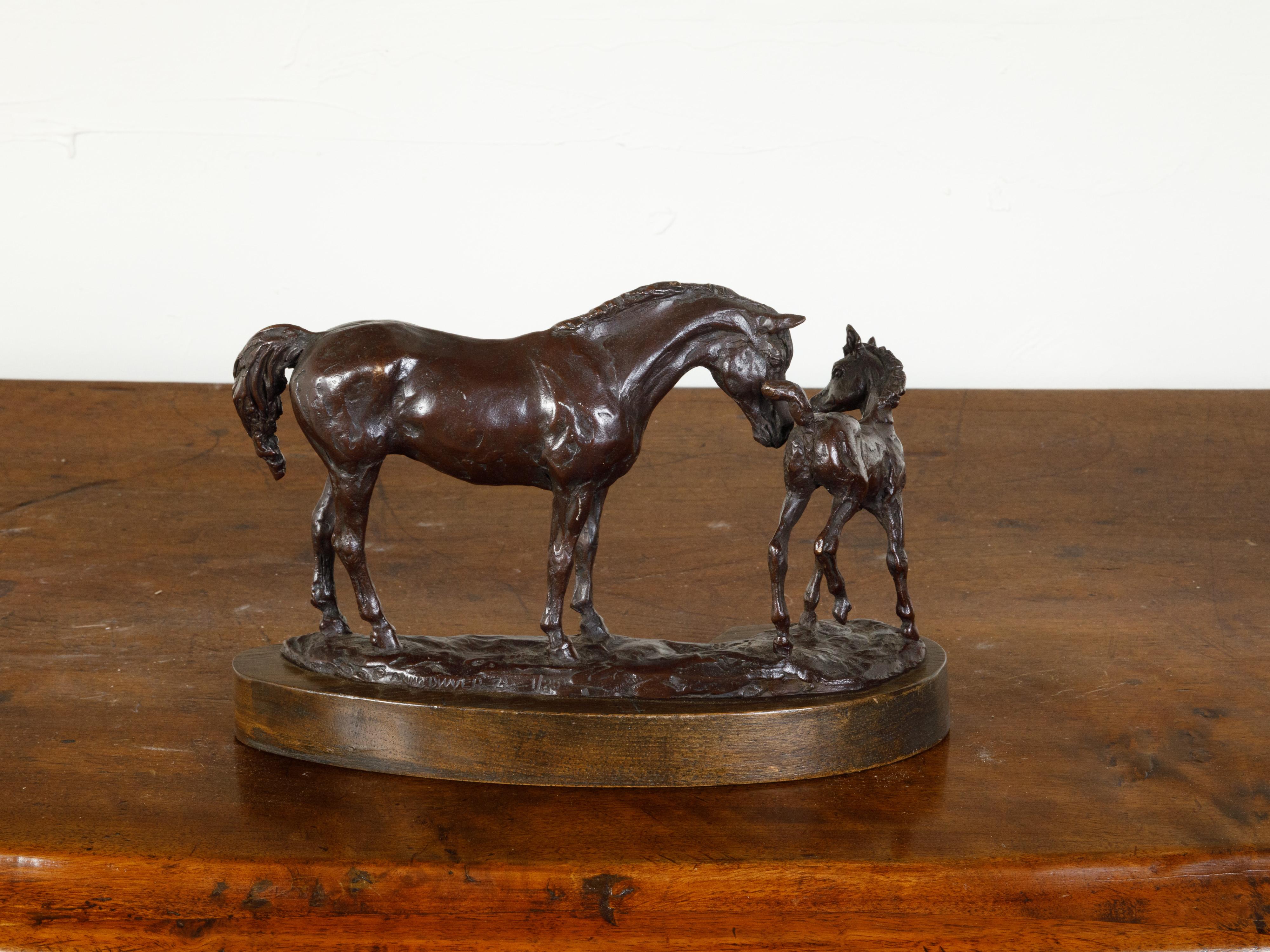 Mid-Century Bronze Sculpted Group Depicting a Mare with Her Foal on Base For Sale 2