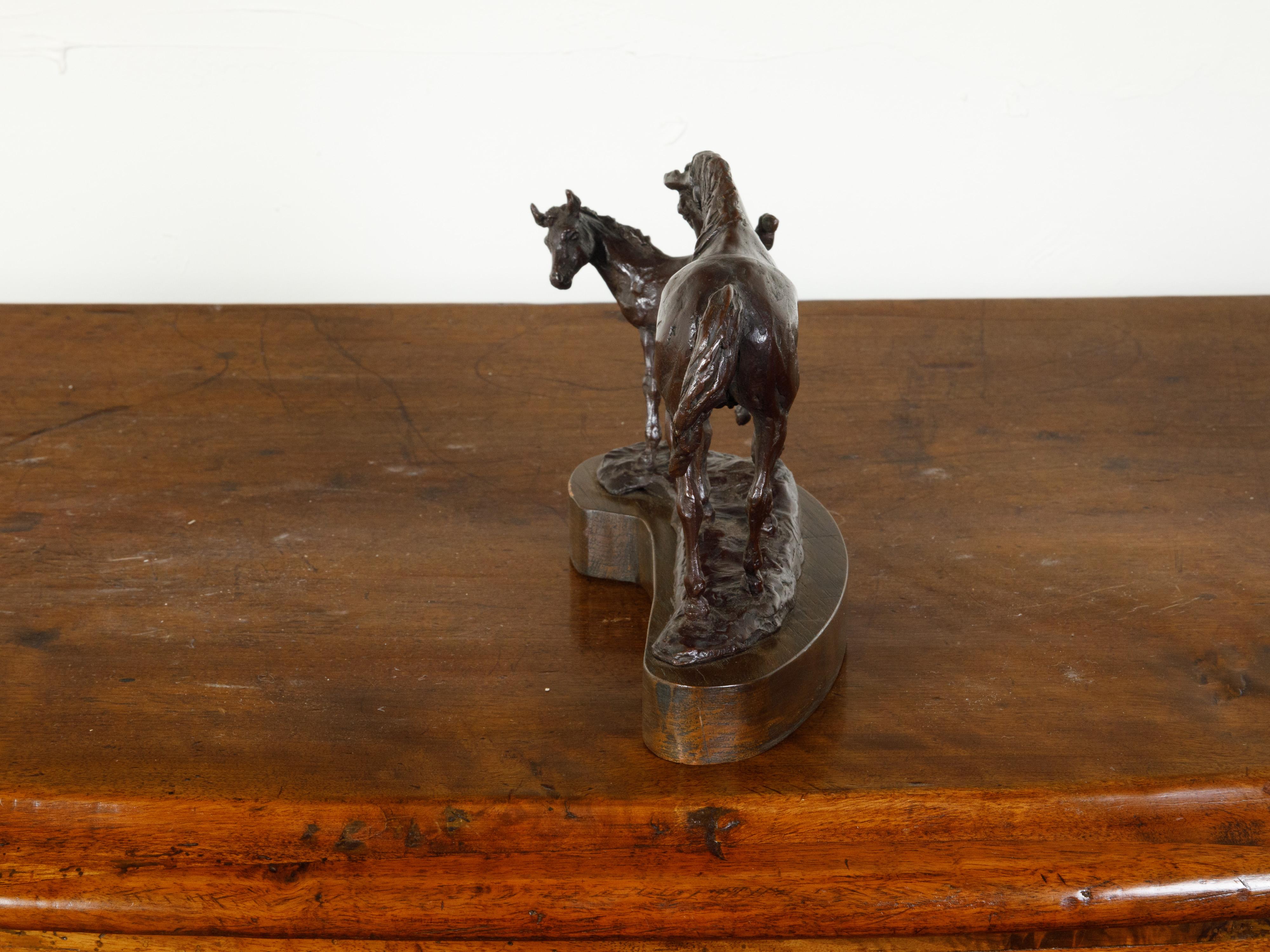 Mid-Century Bronze Sculpted Group Depicting a Mare with Her Foal on Base For Sale 3
