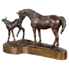 Antique Mid-Century Bronze Sculpted Group Depicting a Mare with Her Foal on Base