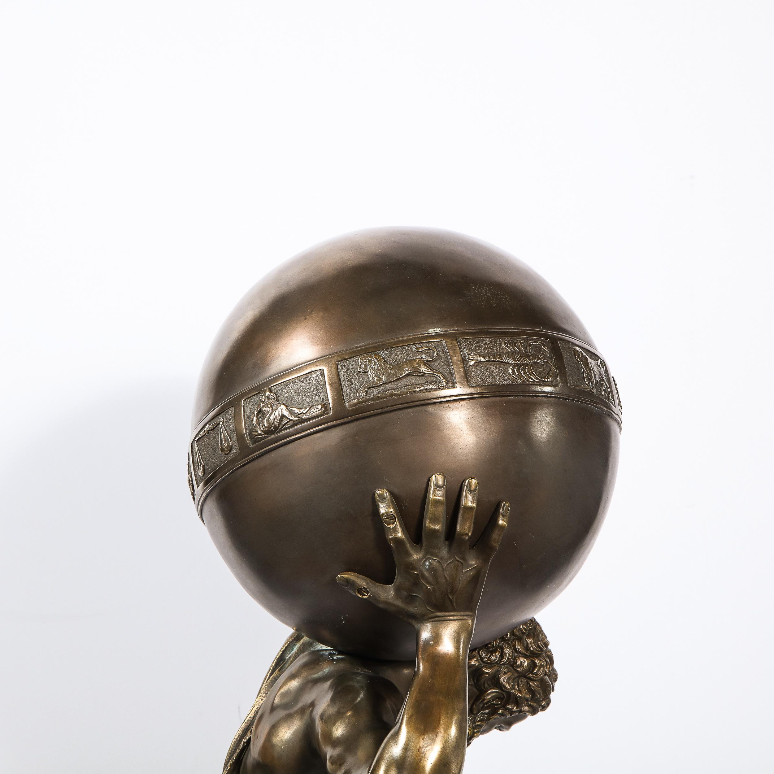 Midcentury Bronze Sculpture of Atlas Holding Globe Banded with Zodiac Symbols 2