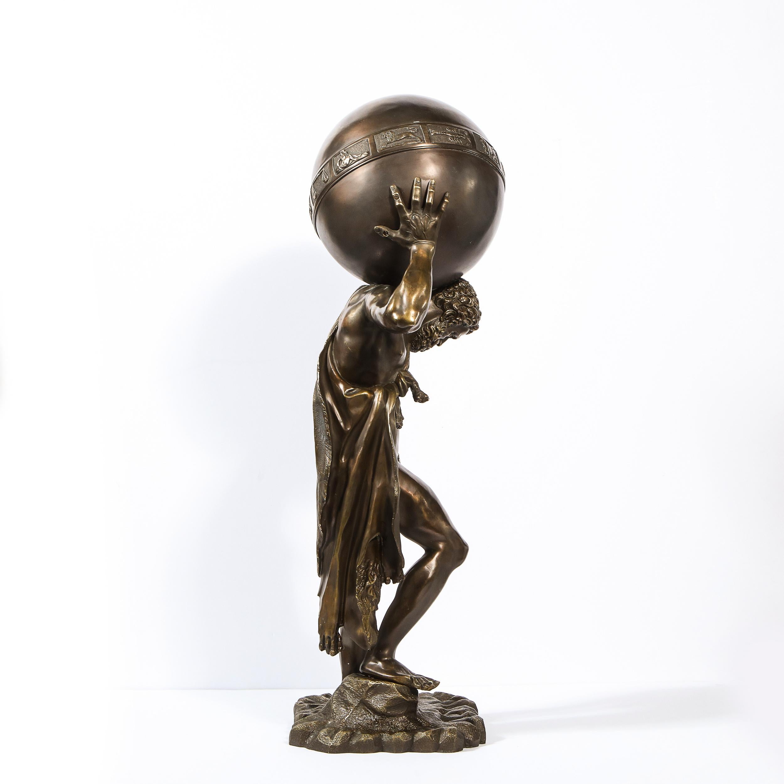 Midcentury Bronze Sculpture of Atlas Holding Globe Banded with Zodiac Symbols 3