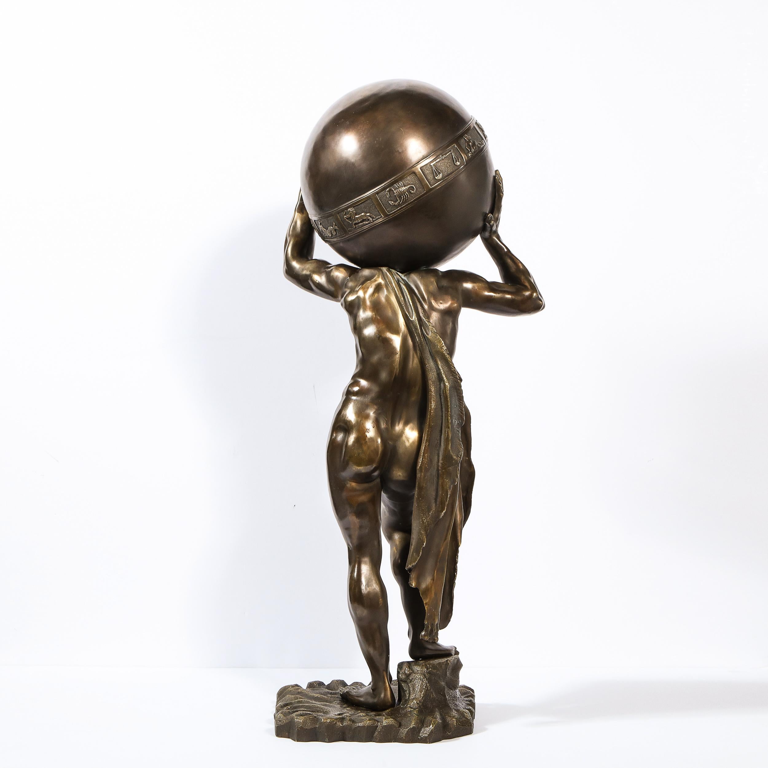 Midcentury Bronze Sculpture of Atlas Holding Globe Banded with Zodiac Symbols 4