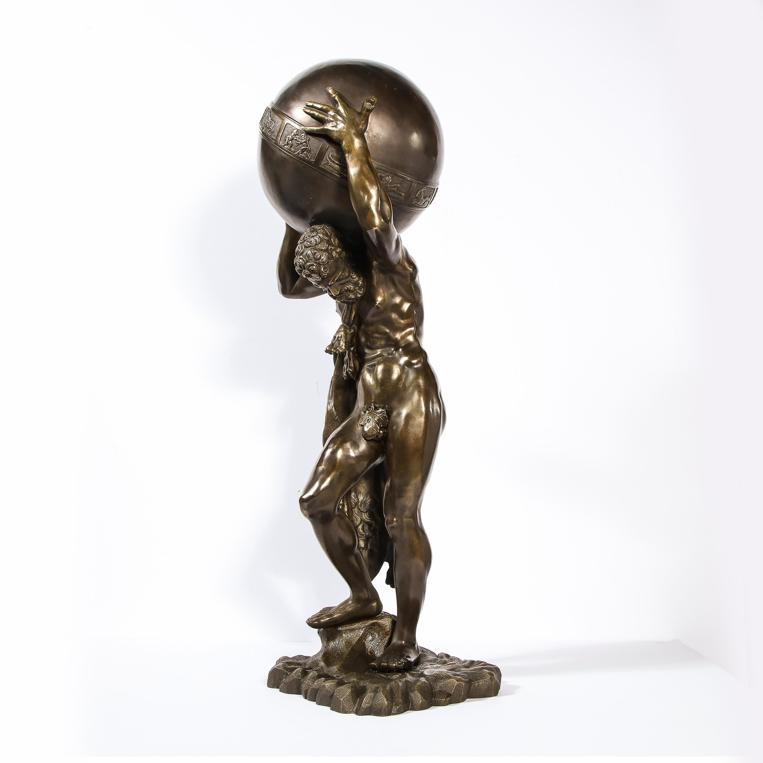 Midcentury Bronze Sculpture of Atlas Holding Globe Banded with Zodiac Symbols 8
