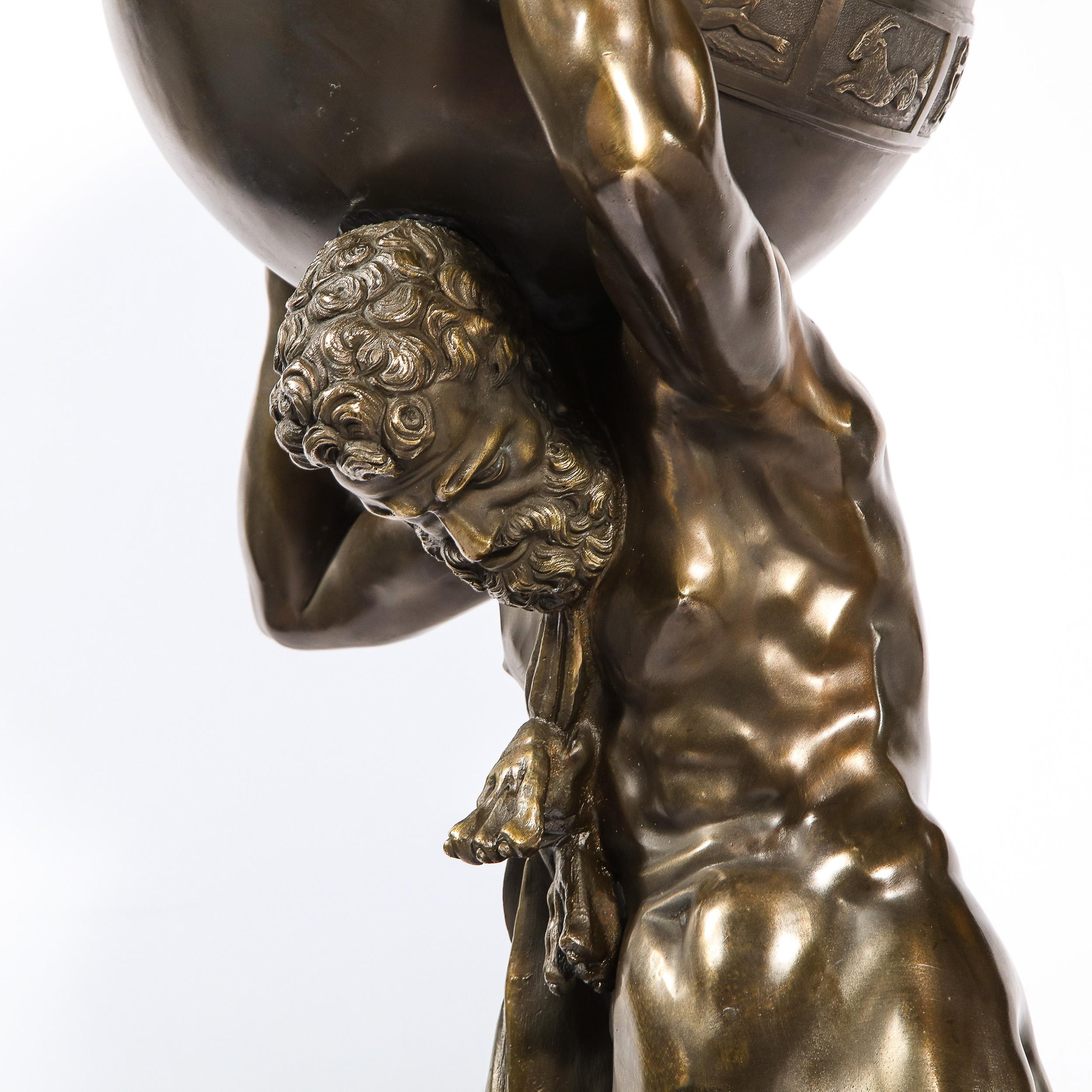 Midcentury Bronze Sculpture of Atlas Holding Globe Banded with Zodiac Symbols 9