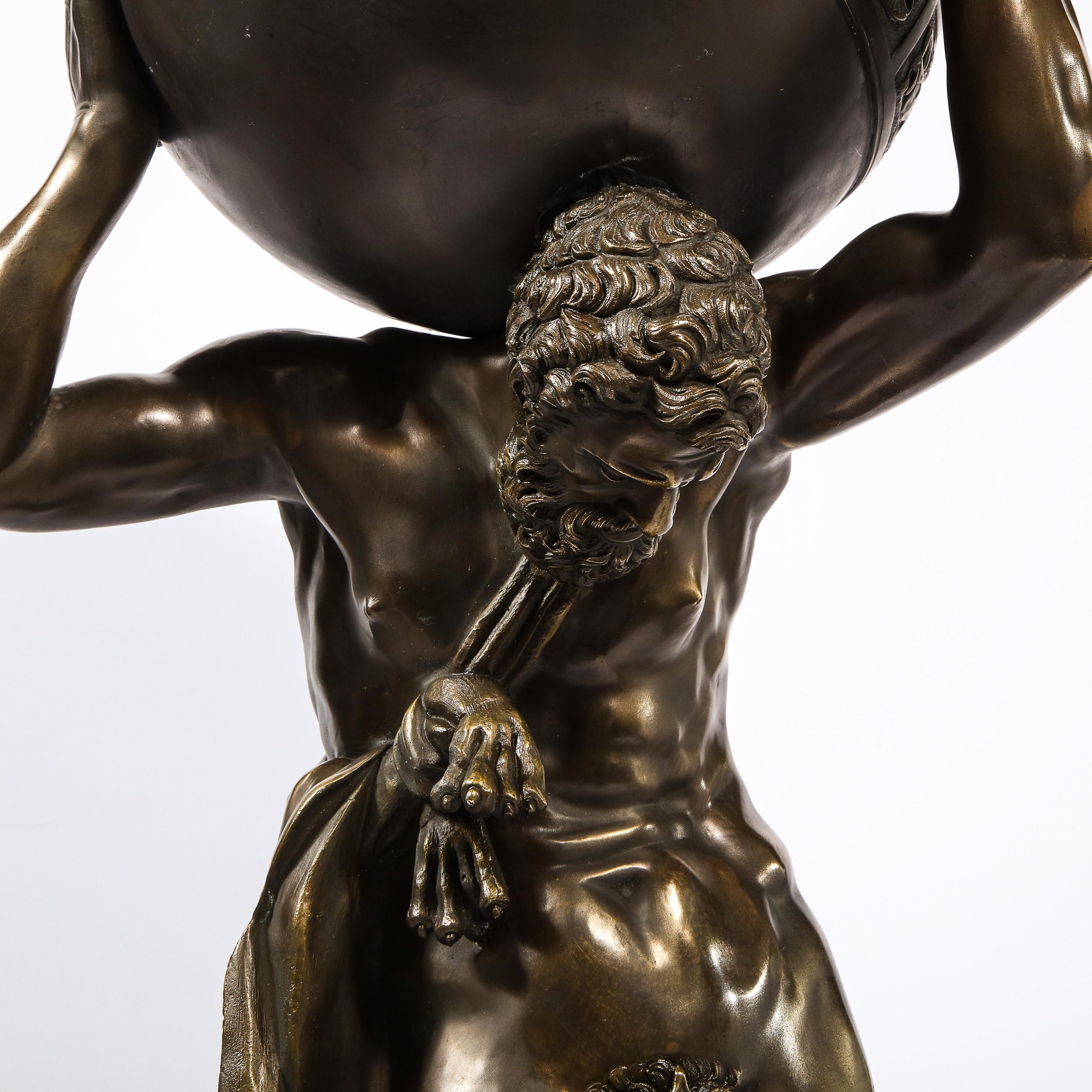 Mid-Century Modern Midcentury Bronze Sculpture of Atlas Holding Globe Banded with Zodiac Symbols