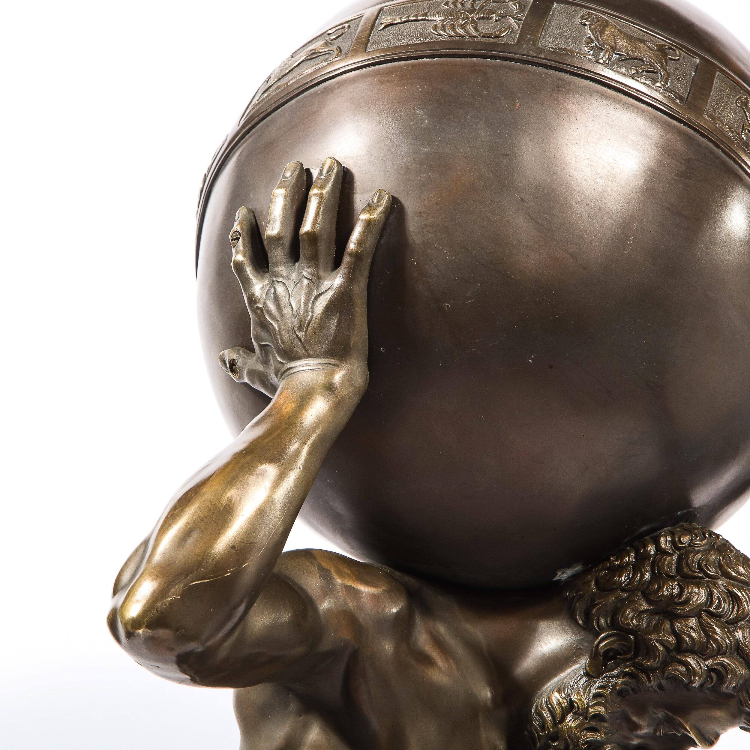Mid-20th Century Midcentury Bronze Sculpture of Atlas Holding Globe Banded with Zodiac Symbols