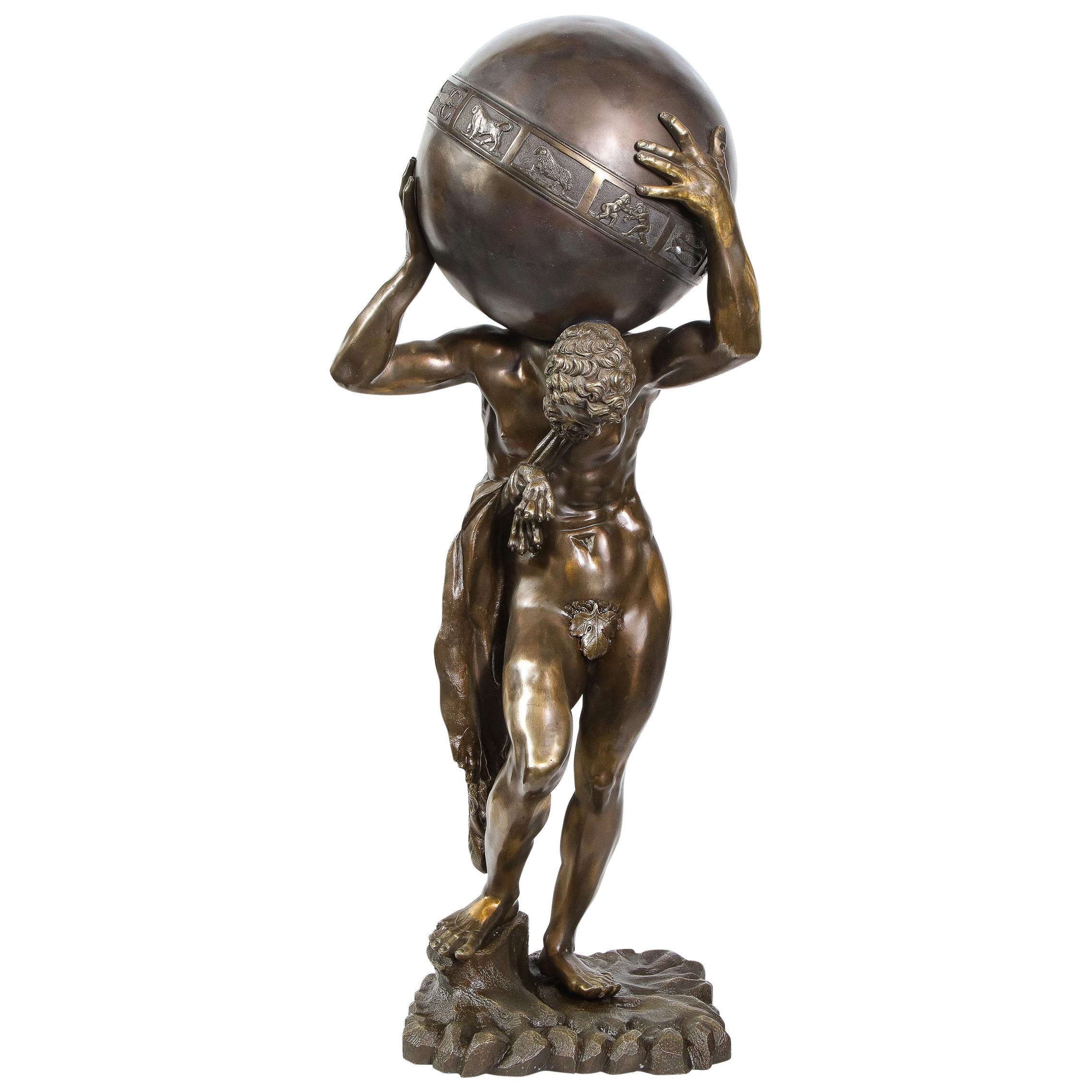 Midcentury Bronze Sculpture of Atlas Holding Globe Banded with Zodiac Symbols