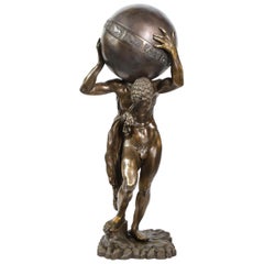 Midcentury Bronze Sculpture of Atlas Holding Globe Banded with Zodiac Symbols