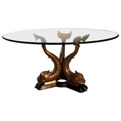 Midcentury Bronze Triple Dolphin Base Glass Top Table