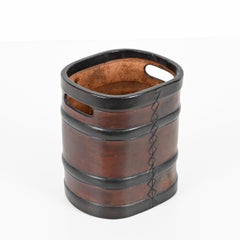 Midcentury Brown and Black Leather Italian Decorative Basket, Wastepaper, 1970s