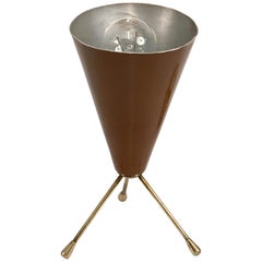 Midcentury Brown and Brass Lacquered Metal Conical Tripod Table Lamp Italy 1950s