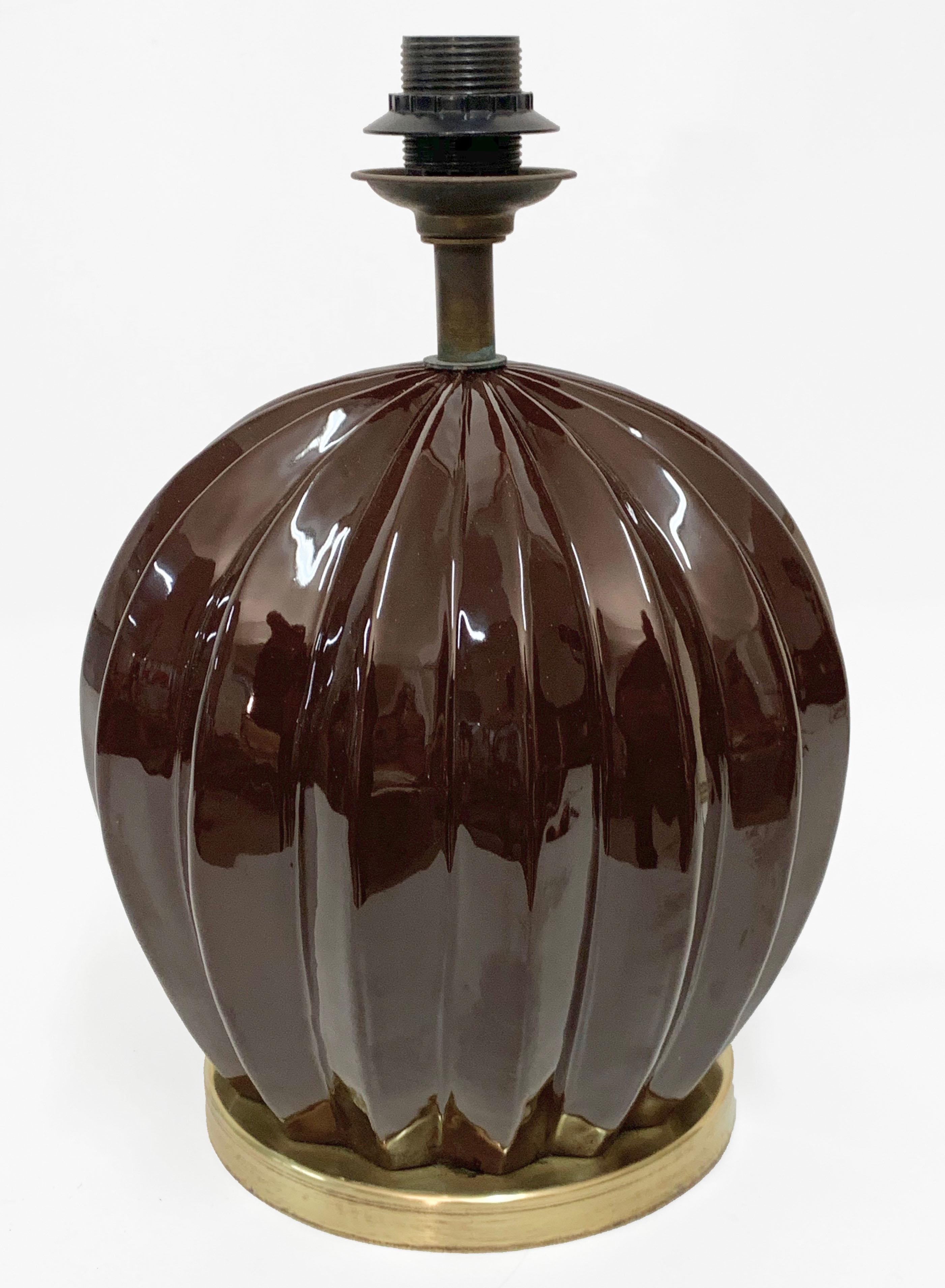 Midcentury Brown Ceramic Glazed Italian Table Lamp Tommaso Barbi Style, 1970s For Sale 11