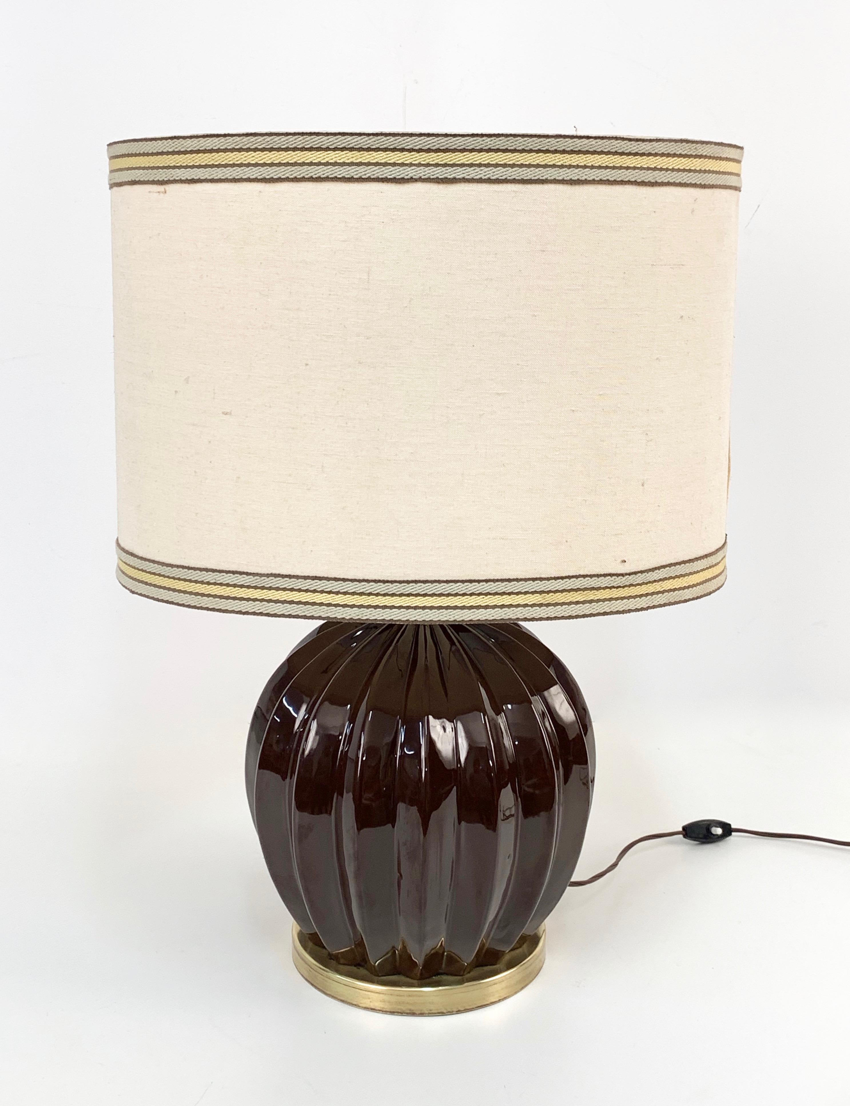 Mid-Century Modern Midcentury Brown Ceramic Glazed Italian Table Lamp Tommaso Barbi Style, 1970s For Sale