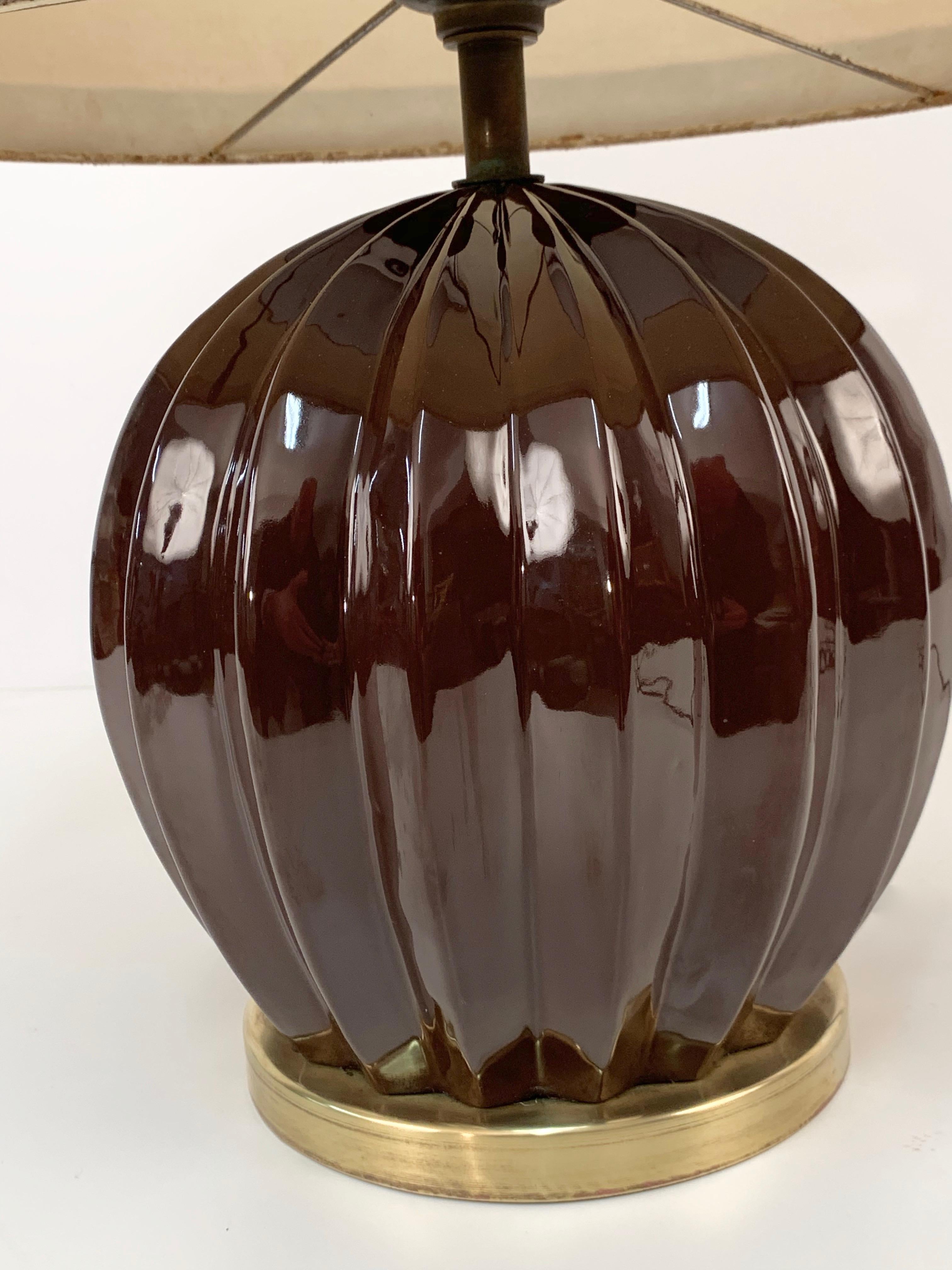 Midcentury Brown Ceramic Glazed Italian Table Lamp Tommaso Barbi Style, 1970s For Sale 1