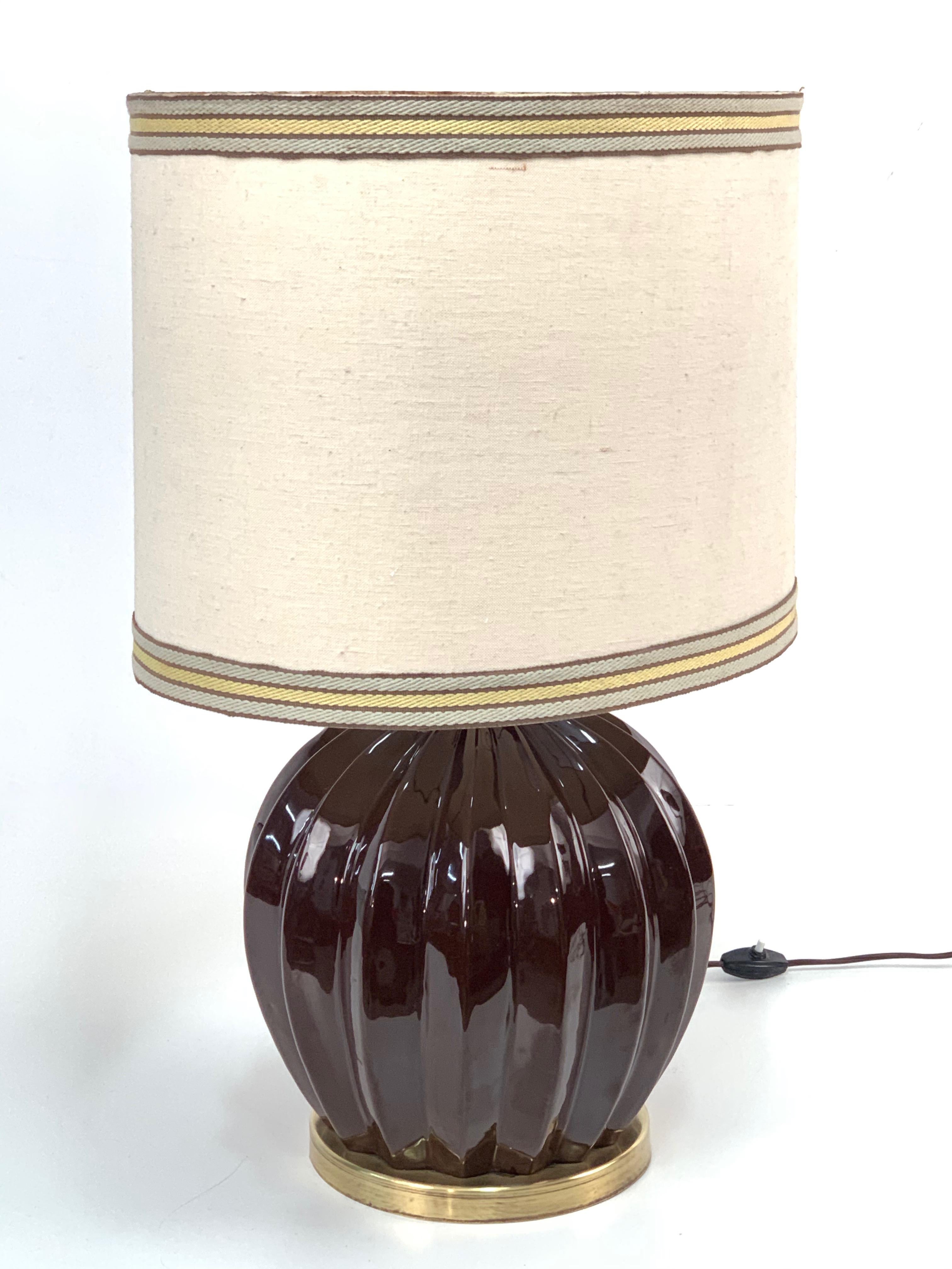 Midcentury Brown Ceramic Glazed Italian Table Lamp Tommaso Barbi Style, 1970s For Sale 3