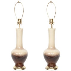 Midcentury Brown/Cream Ombre Glazed Ceramic Lamps