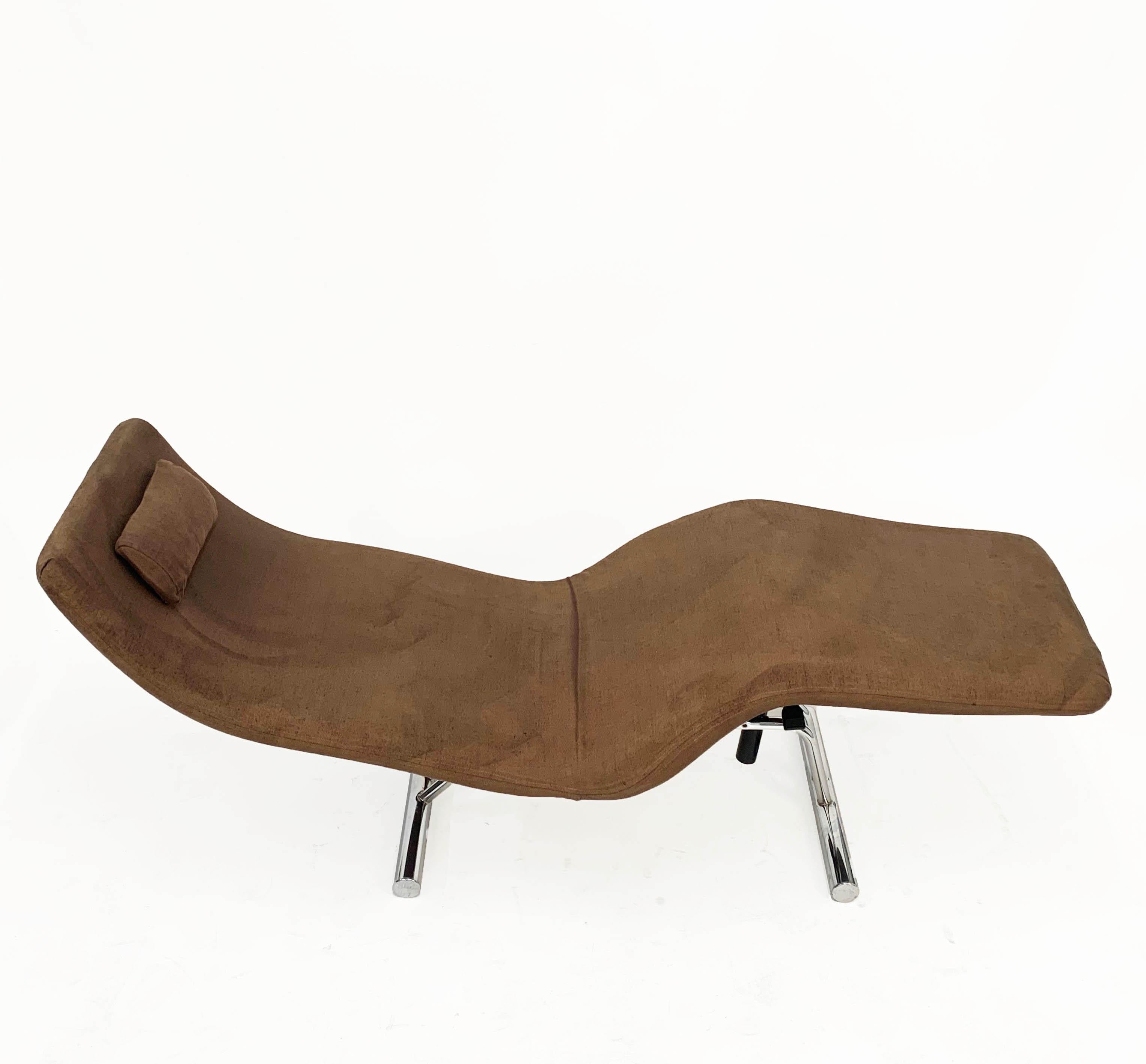 Midcentury Brown Fabric and Chrome Steel Chaise Longue, Paul Tuttle Style, 1980s For Sale 3