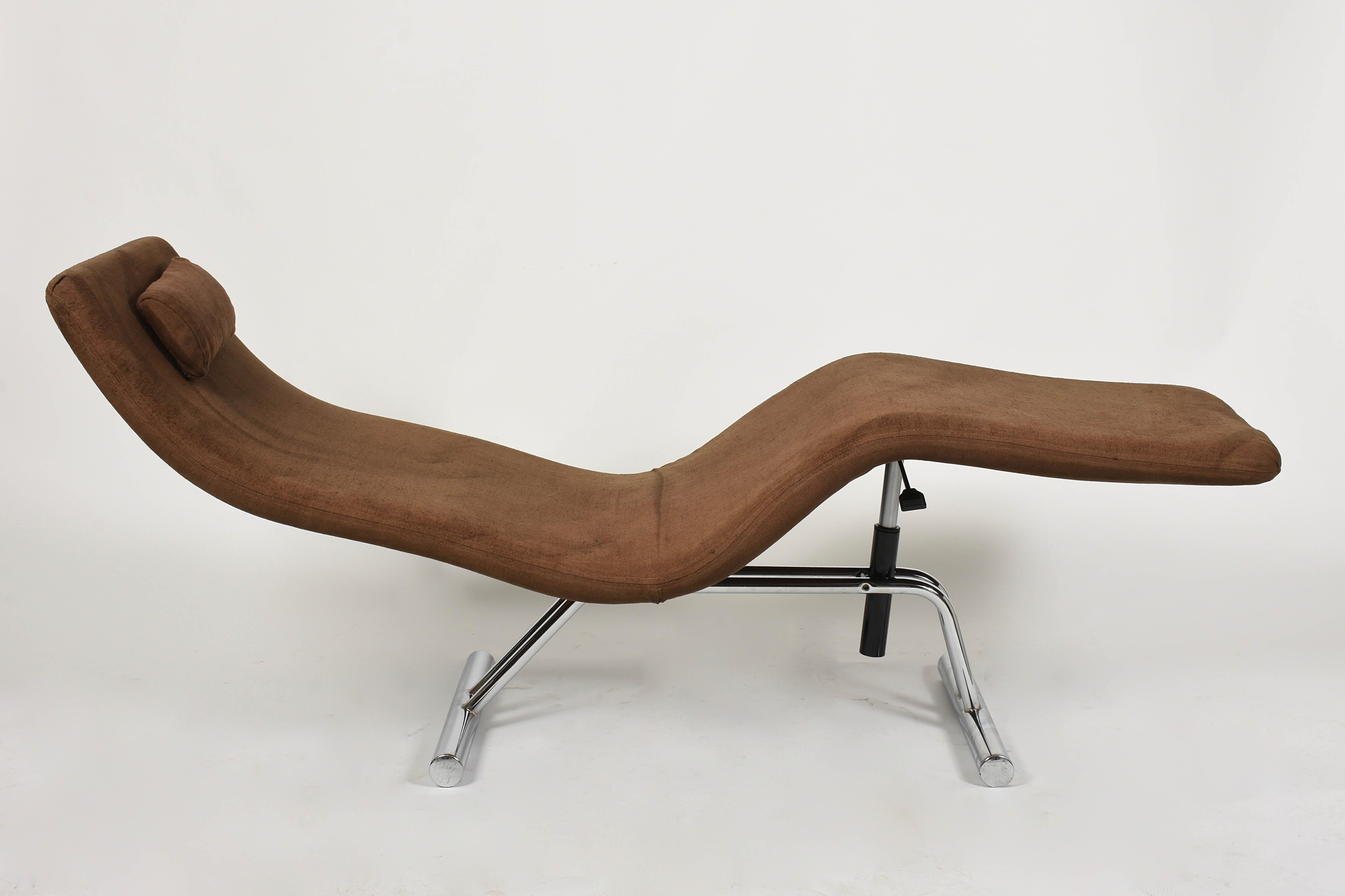 Midcentury Brown Fabric and Chrome Steel Chaise Longue, Paul Tuttle Style, 1980s For Sale 6