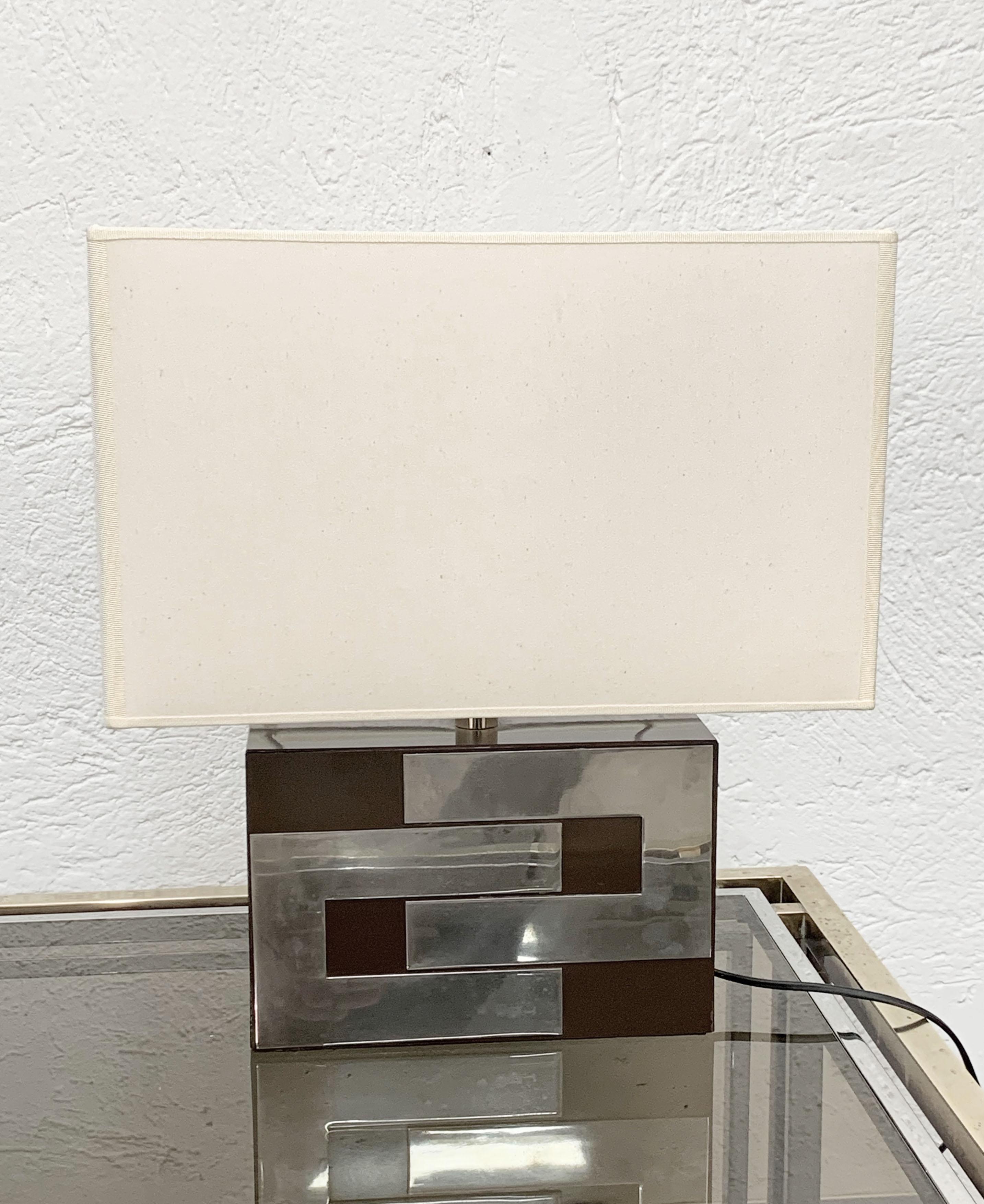 Enameled Midcentury Brown Formica and Chrome French Table Lamp in Willy Rizzo Style 1970s