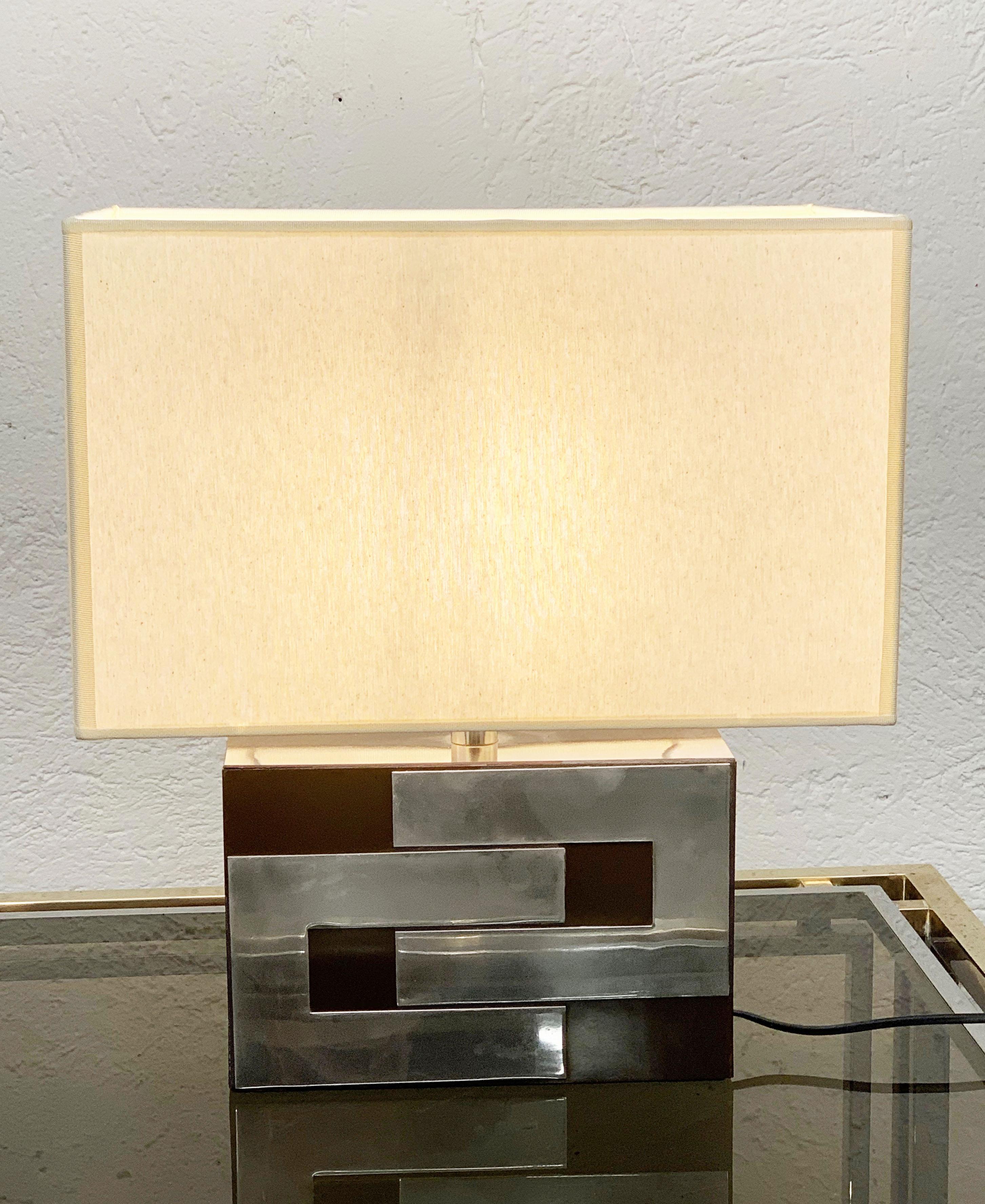 Metal Midcentury Brown Formica and Chrome French Table Lamp in Willy Rizzo Style 1970s