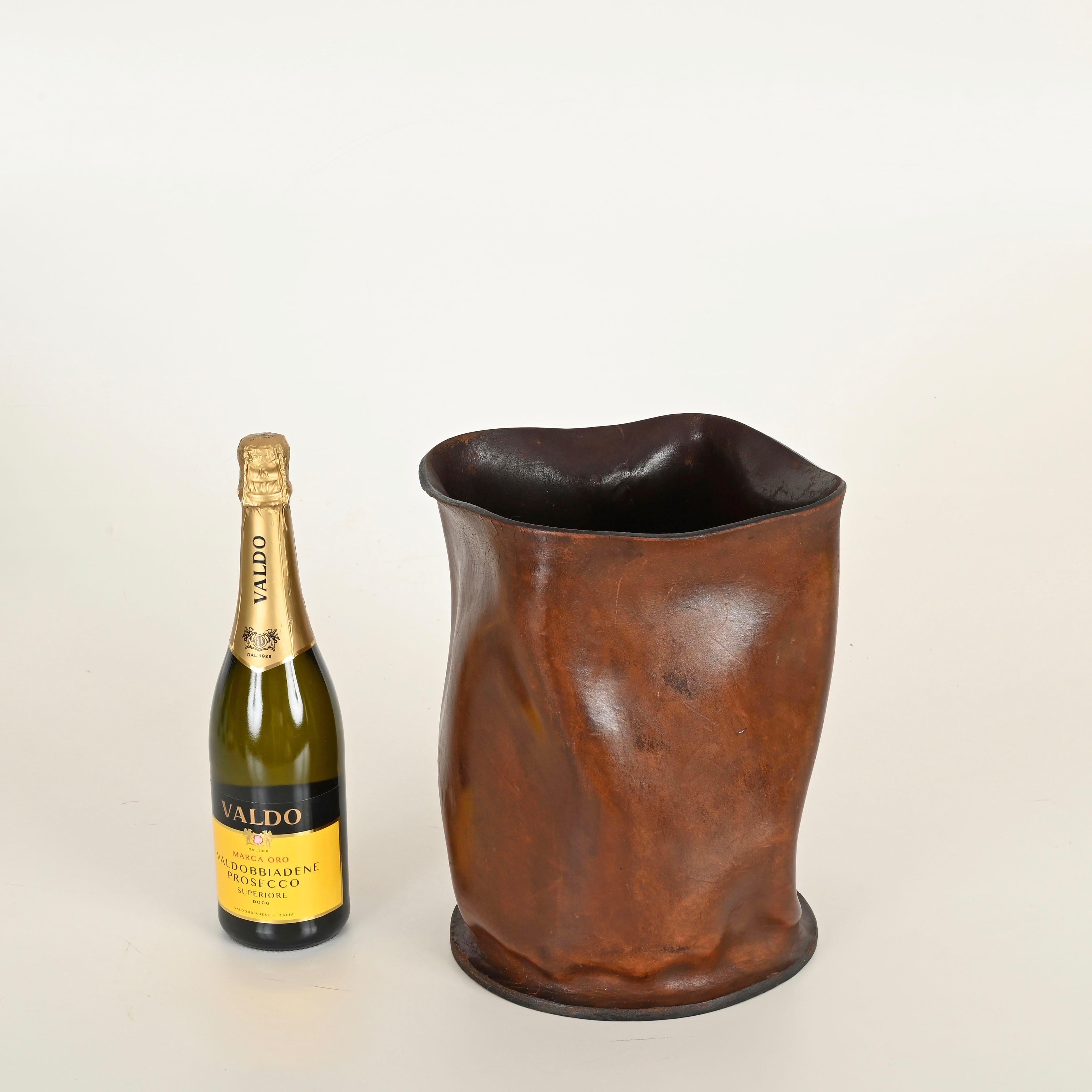 Mid-Century Modern Midcentury Brown Italian Leather Decorative Wastepaper Basket, Nova Tecno, 1950s For Sale