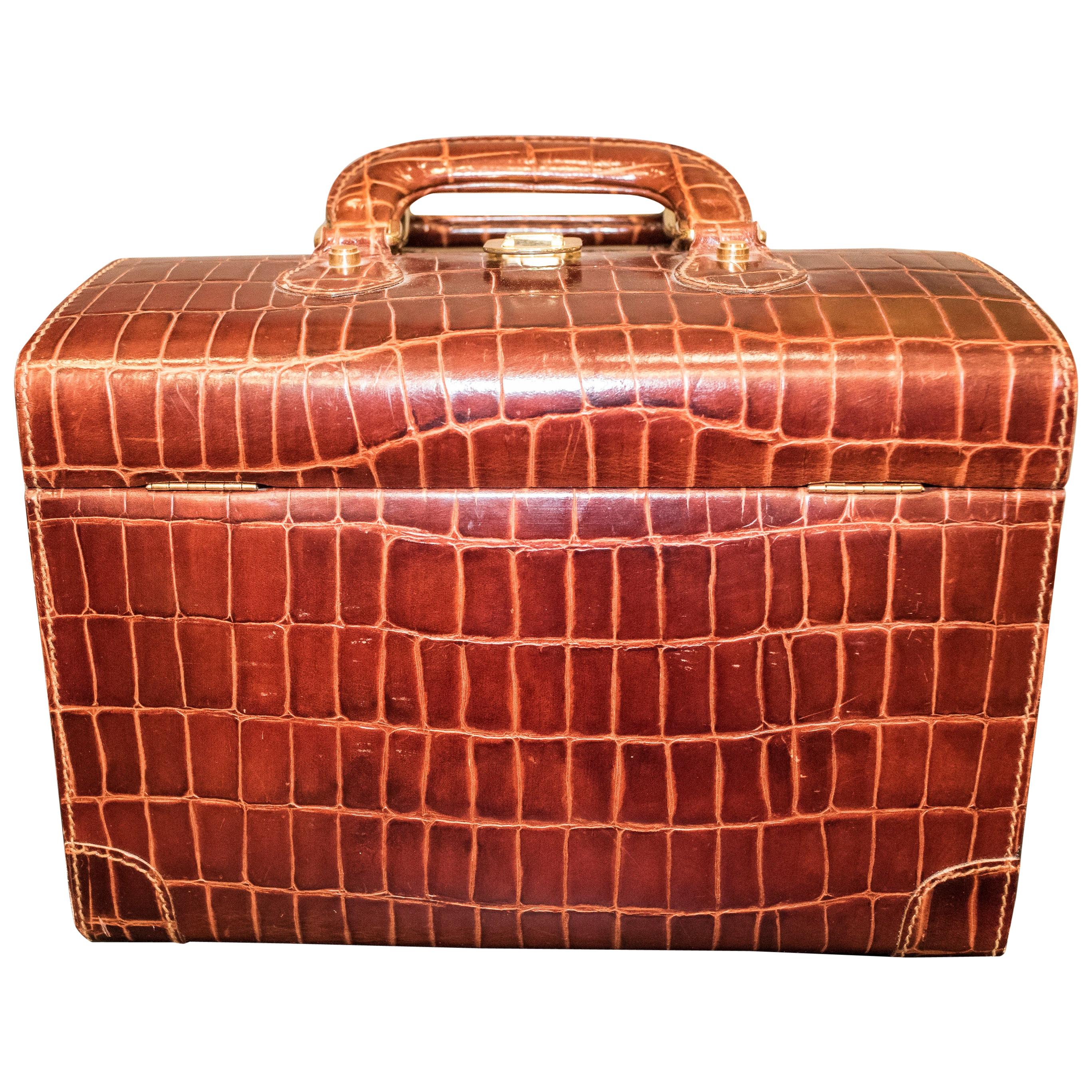 Midcentury Brown Leather Italy MarCo Tadini Vanitycase Snake Effect