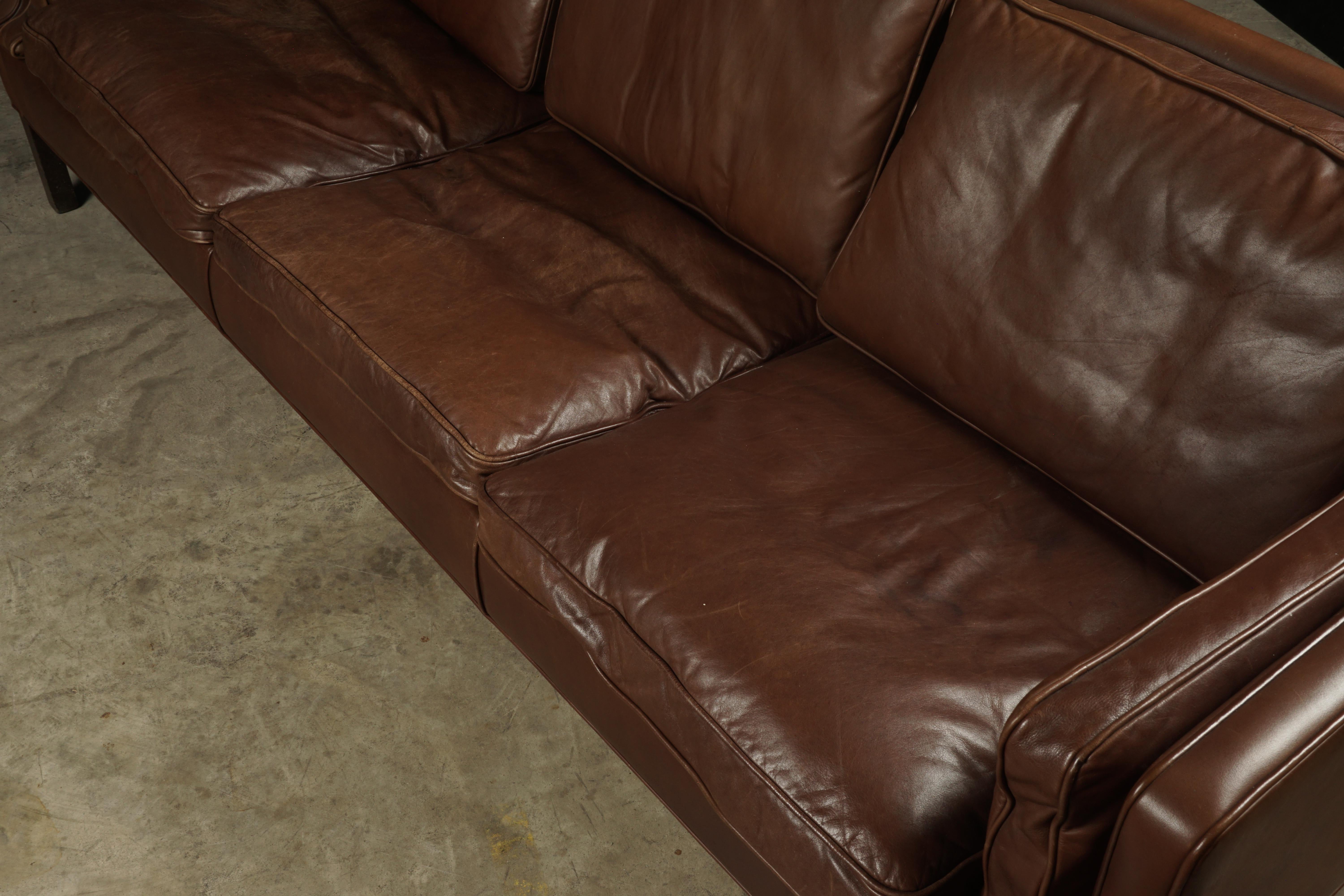 Midcentury Brown Leather Sofa from Denmark, circa 1970 In Good Condition In Nashville, TN