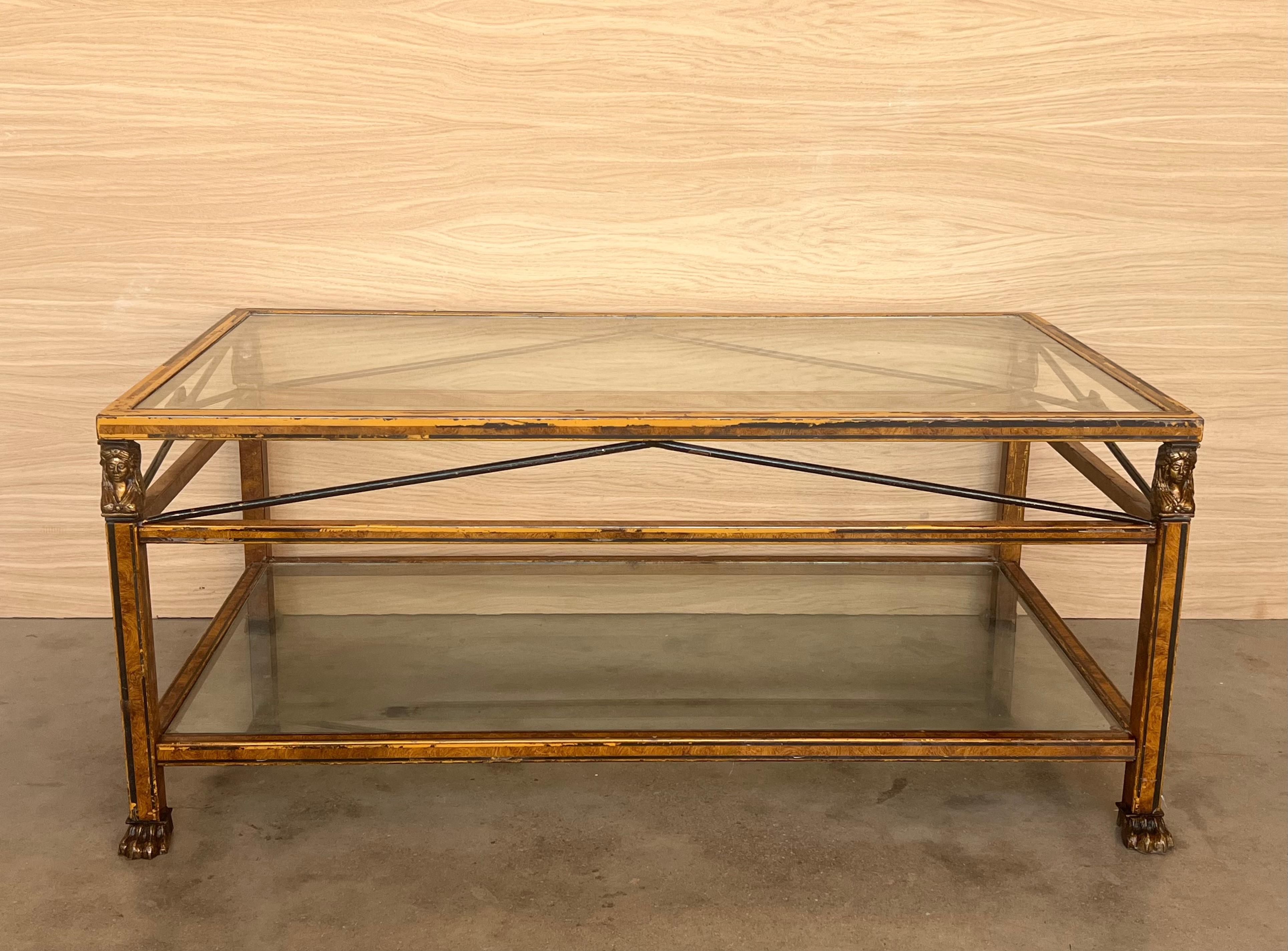 Mid-Century Modern Midcentury Brown Metal Rectangular Coffee Table with Two Tier Glass 1970 For Sale