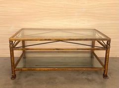 Midcentury Brown Metal Rectangular Coffee Table with Two Tier Glass 1970