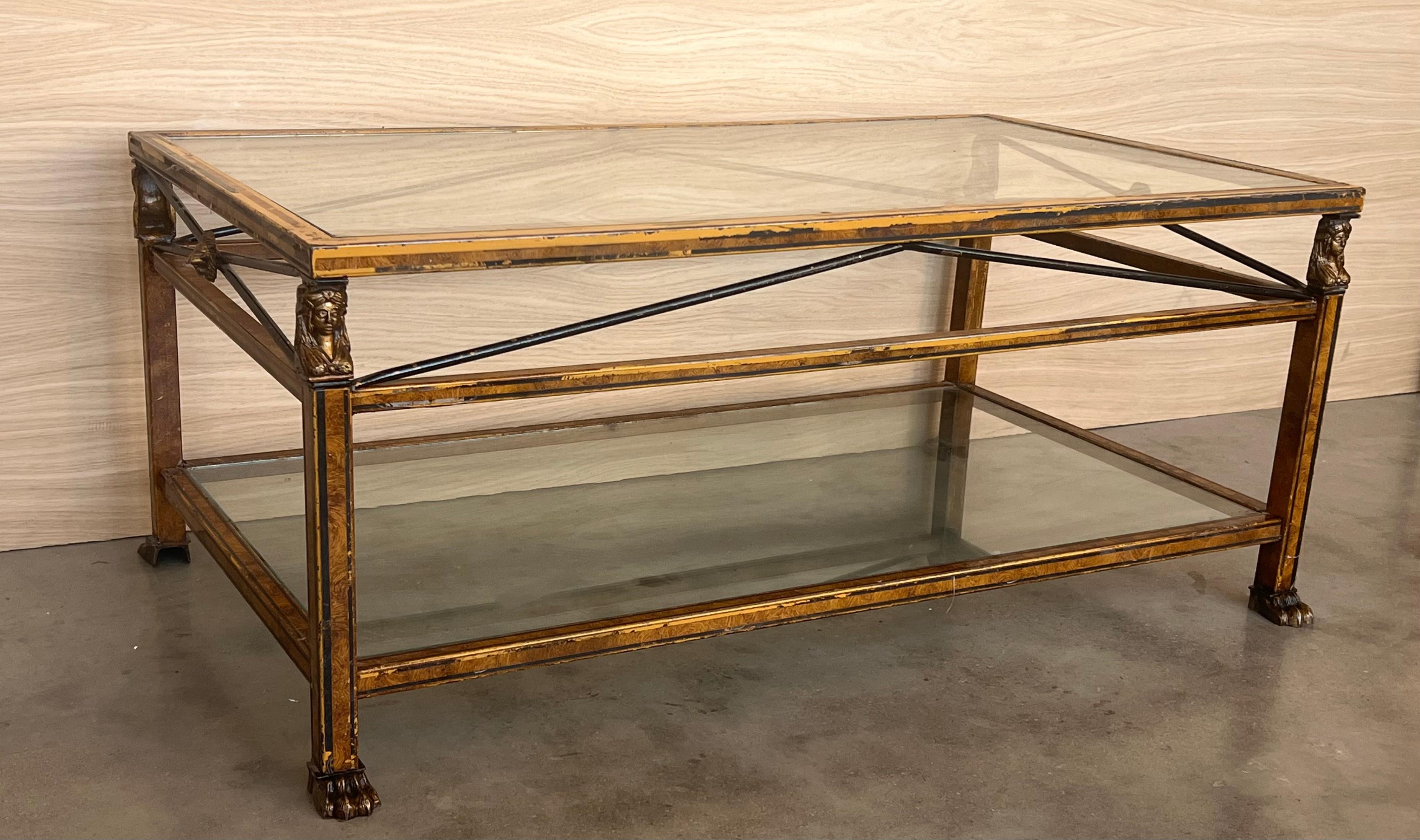 Iron Midcentury Brown Metal Rectangular Coffee Table with Two Tier Glass 1970 For Sale