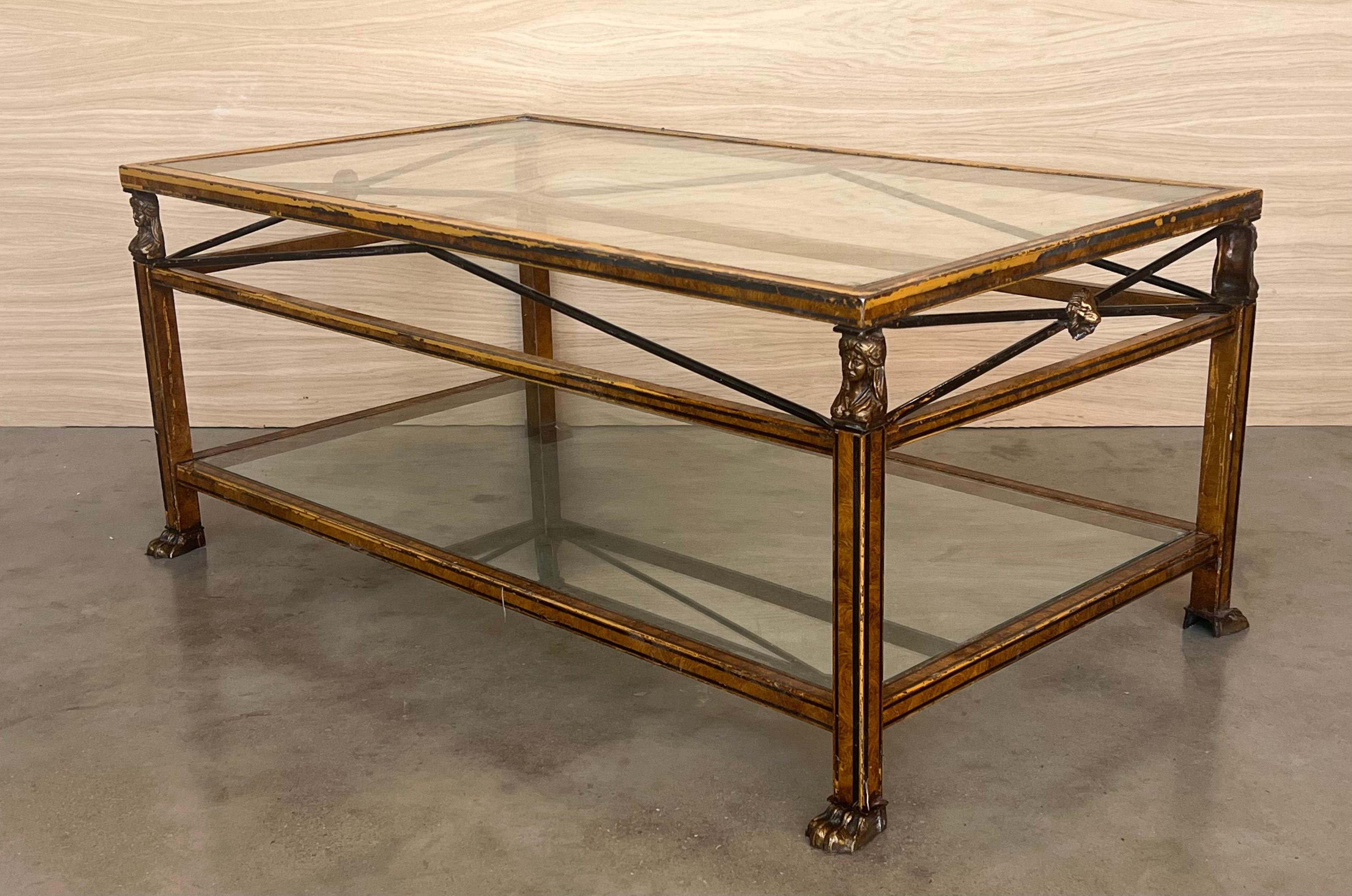 Midcentury Brown Metal Rectangular Coffee Table with Two Tier Glass 1970 For Sale 1