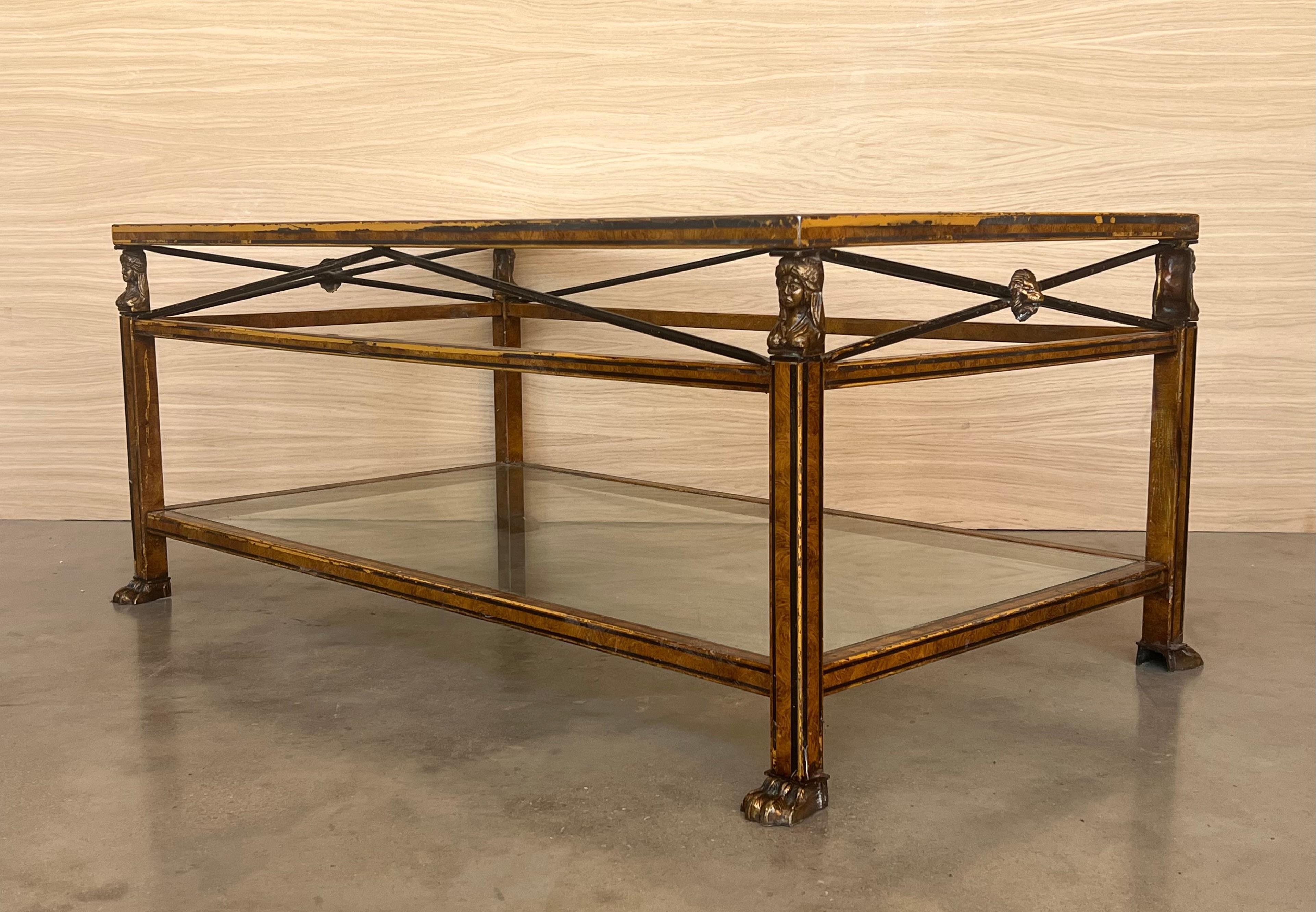 Midcentury Brown Metal Rectangular Coffee Table with Two Tier Glass 1970 For Sale 3