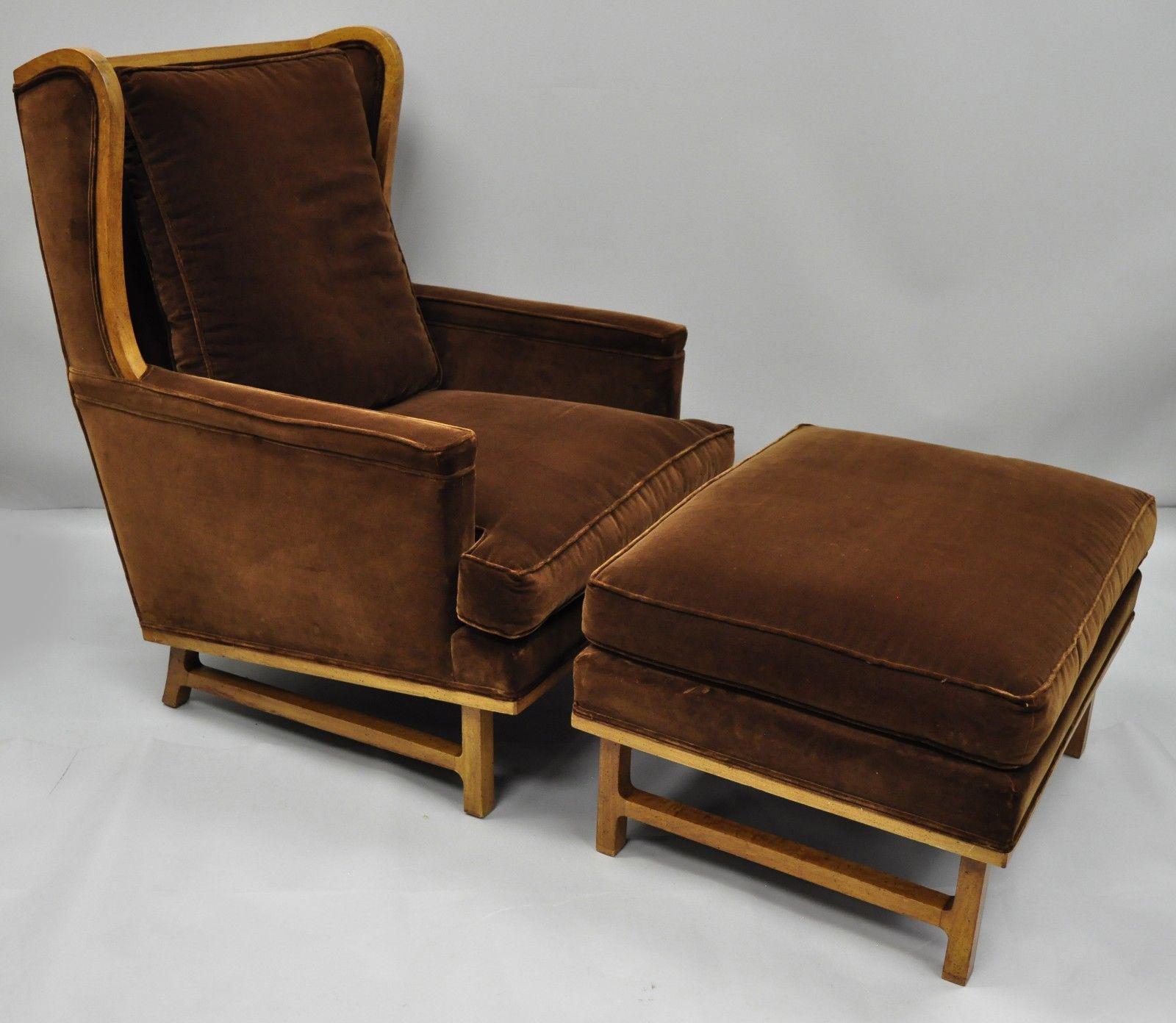 Midcentury Brown Mohair Edward Wormley Style Wingback Lounge Chair & Ottoman 5
