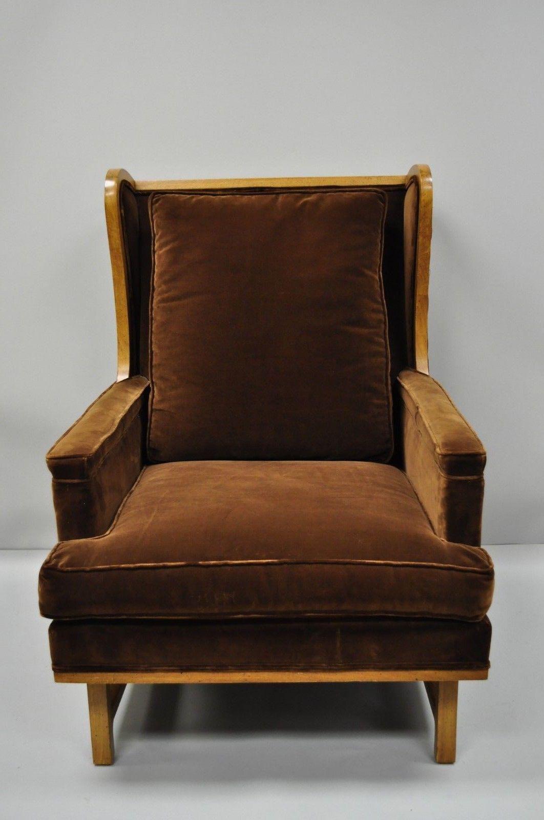 Mid-Century Modern Midcentury Brown Mohair Edward Wormley Style Wingback Lounge Chair & Ottoman