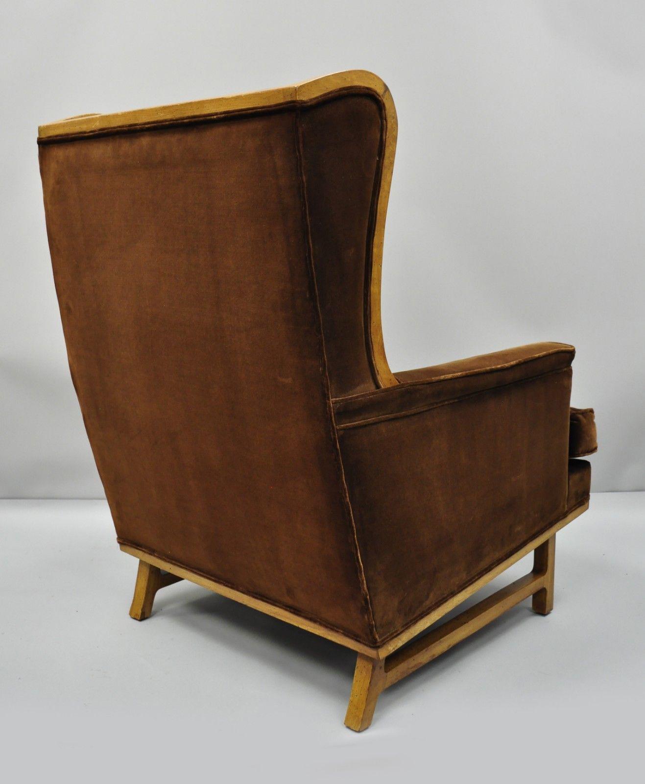 Mid-20th Century Midcentury Brown Mohair Edward Wormley Style Wingback Lounge Chair & Ottoman