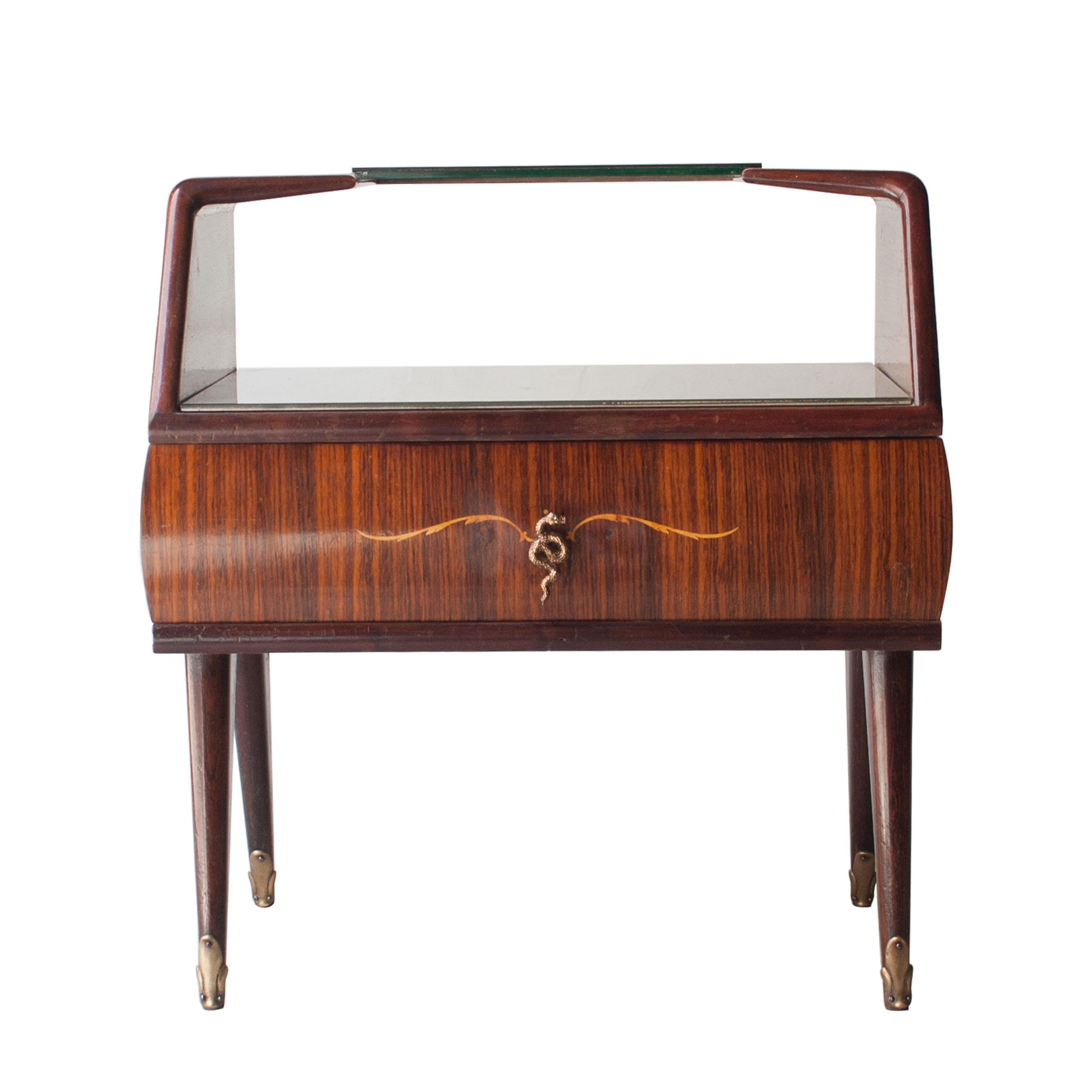 Pair of bedside tables in oak with opaline glass on the top, drawers with marquetry detail and brass handle and auxiliary shelf in curved wood and glass.