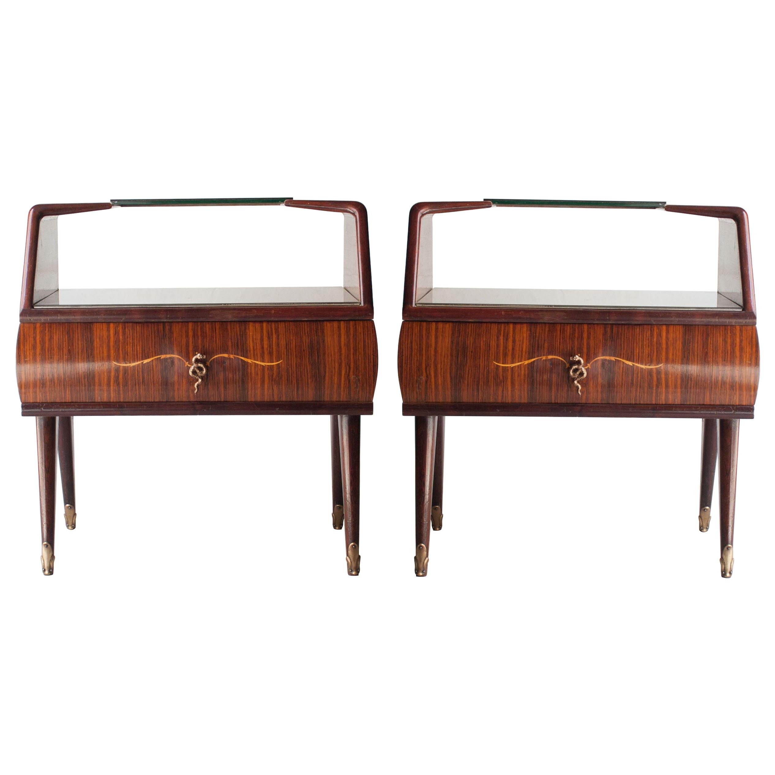 Midcentury Brown Opaline Glass Italian Pair of Bedside Tables, 1950
