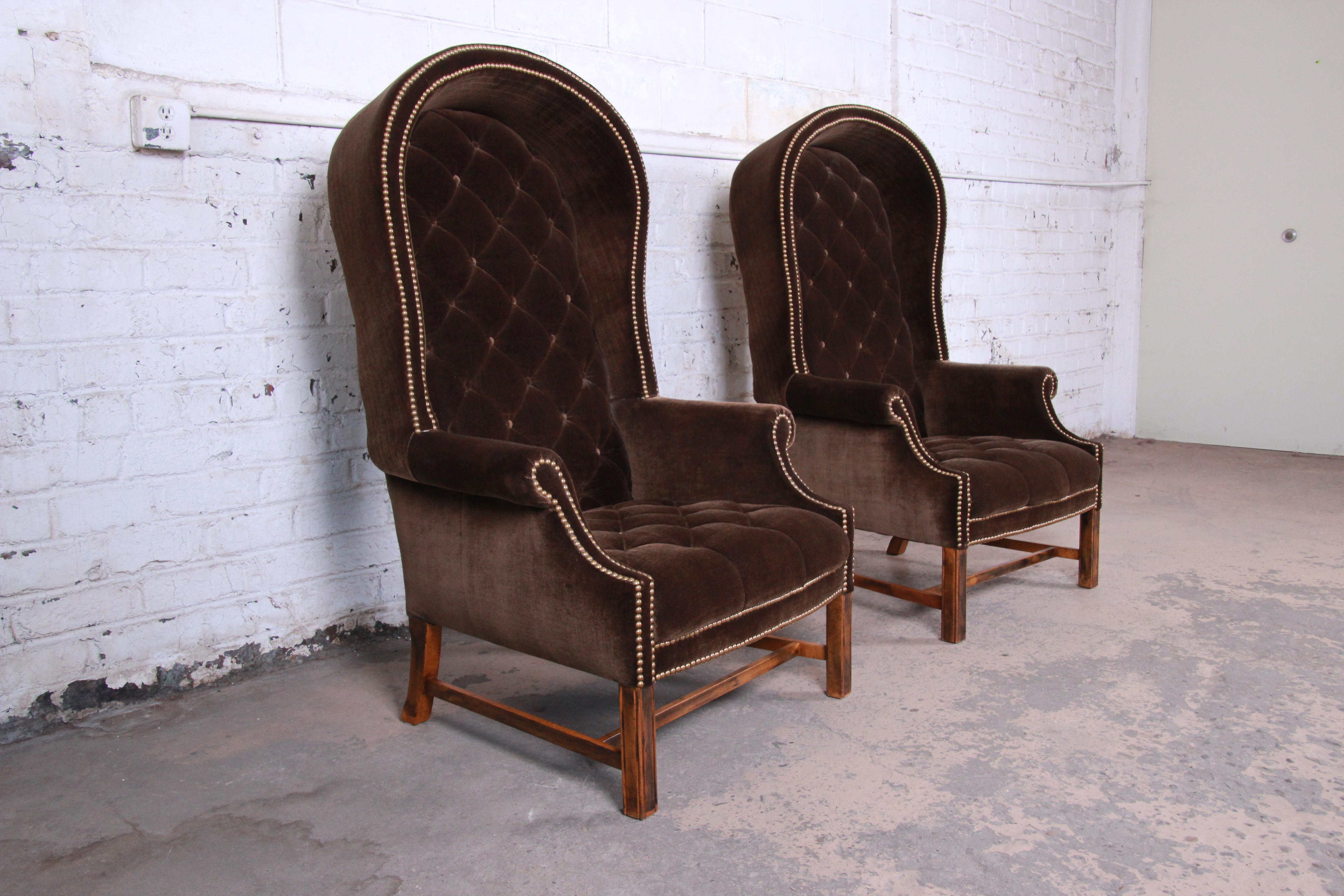 American Midcentury Brown Velvet Porter's Chairs, Pair