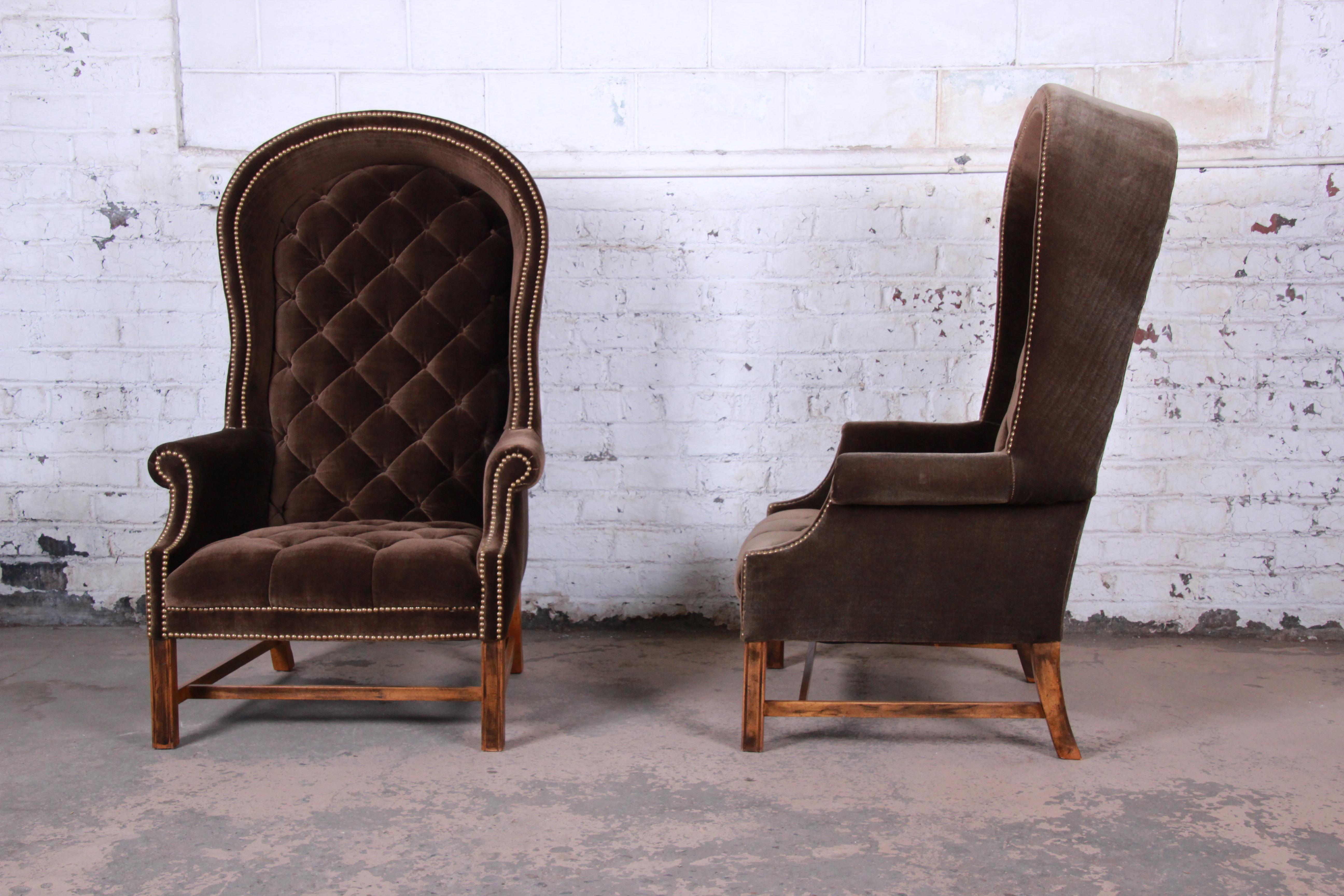 Midcentury Brown Velvet Porter's Chairs, Pair In Good Condition In South Bend, IN